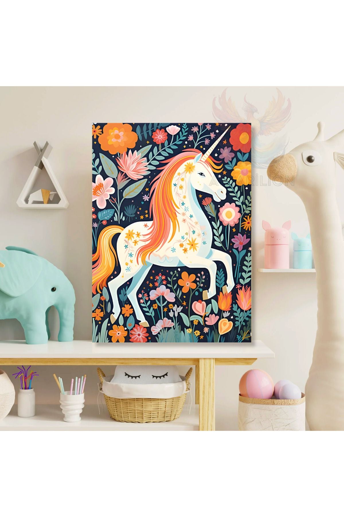 Kanvas Renkli Çiçekler ve Unicorn Baskı Tablo Oyun Odası Tablosu Çocuk Odası Tablosu