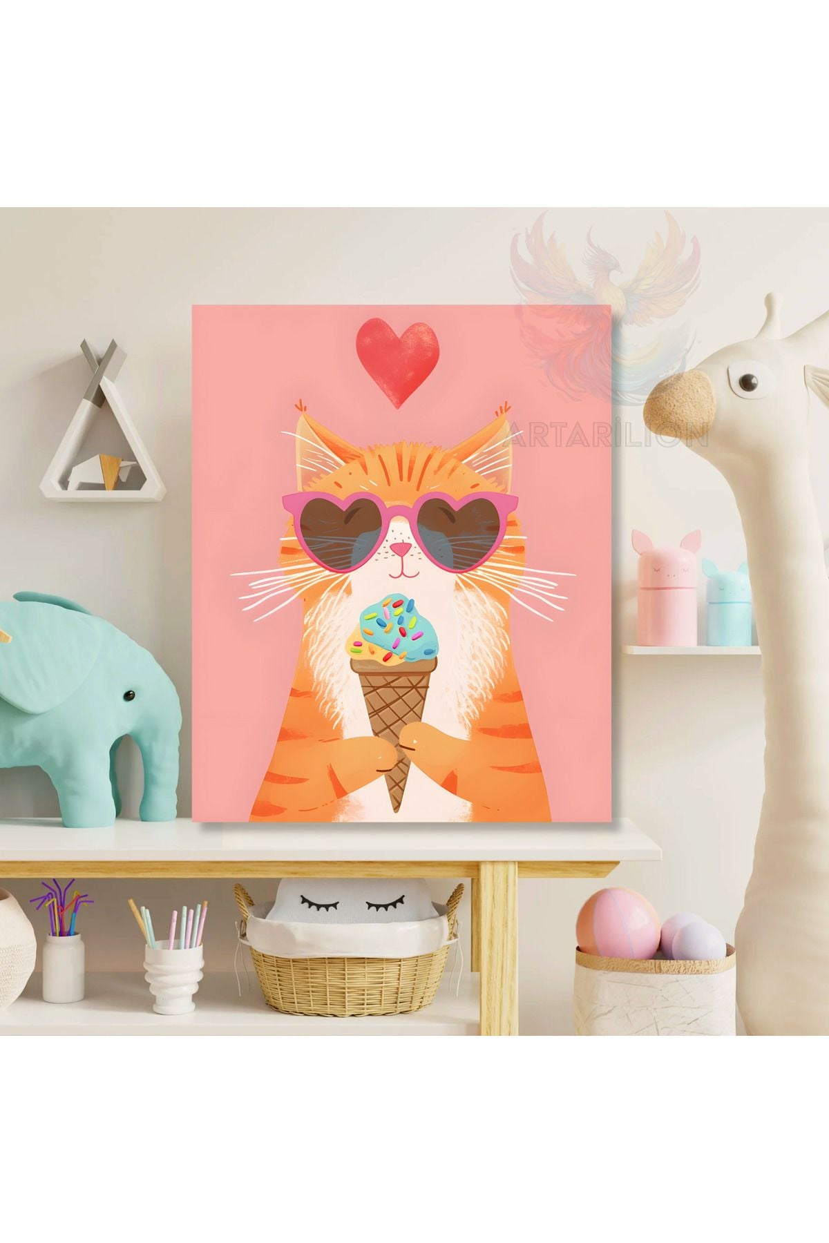 Kanvas Dondurma Yiyen Kedi Desenli Tablo Baskı Tablo Oyun Odası Tablosu Çocuk Odası Tablosu