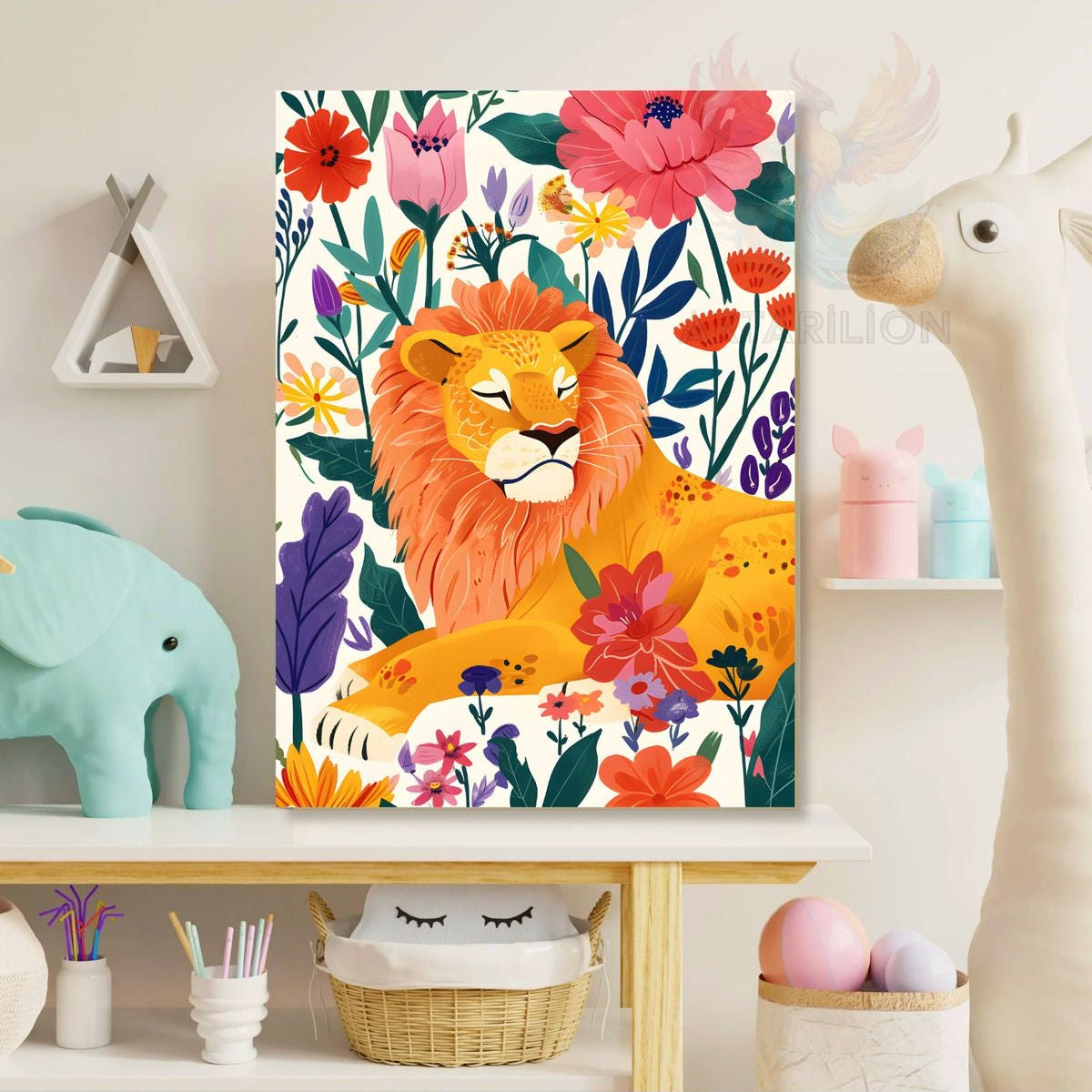 Sleeping Lion and Flowers Canvas Print Painting Playroom Painting Children's Room Painting