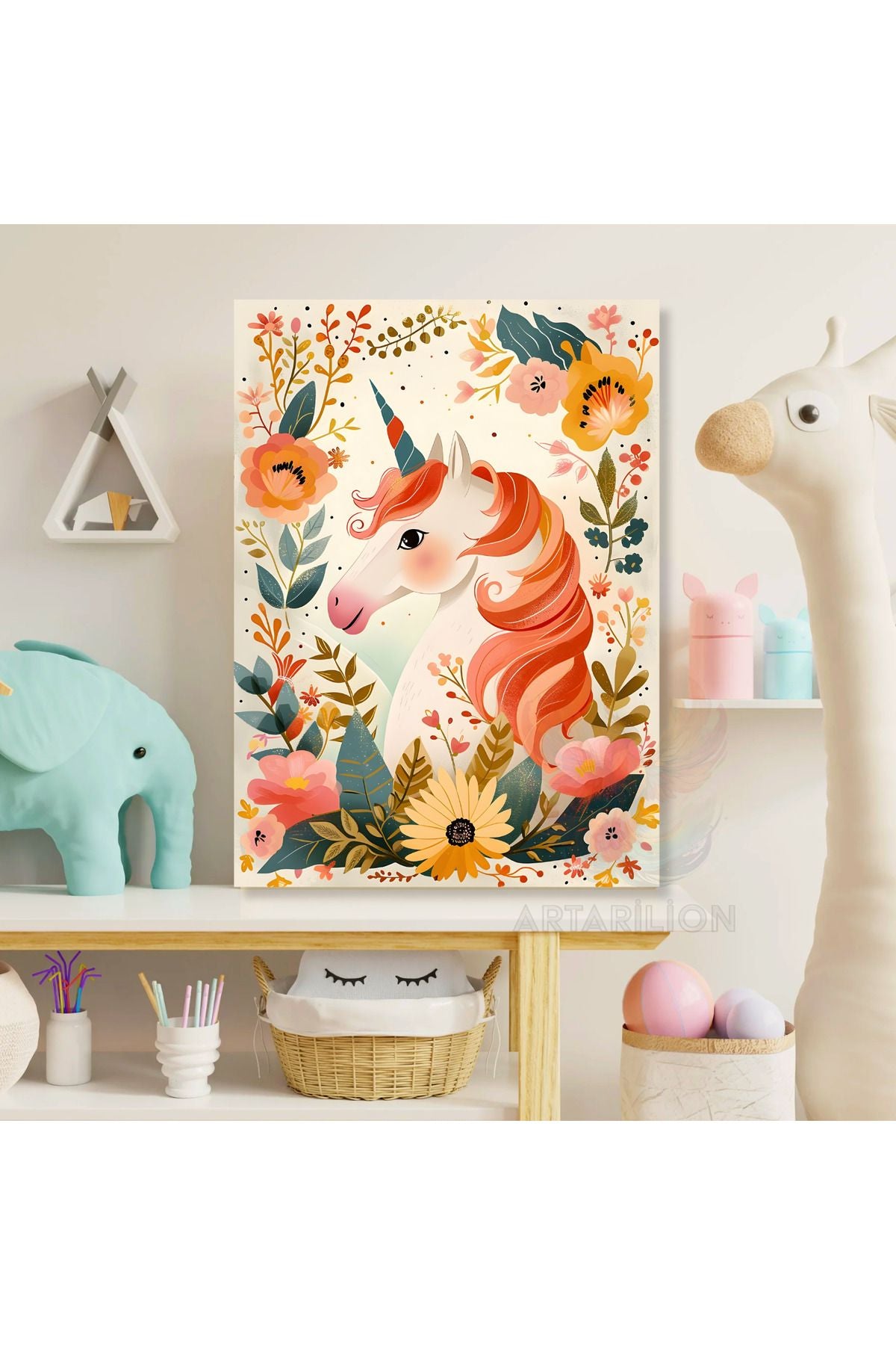 Kanvas Unicorn ve Çiçekler Baskı Tablo Oyun Odası Tablosu Çocuk Odası Tablosu