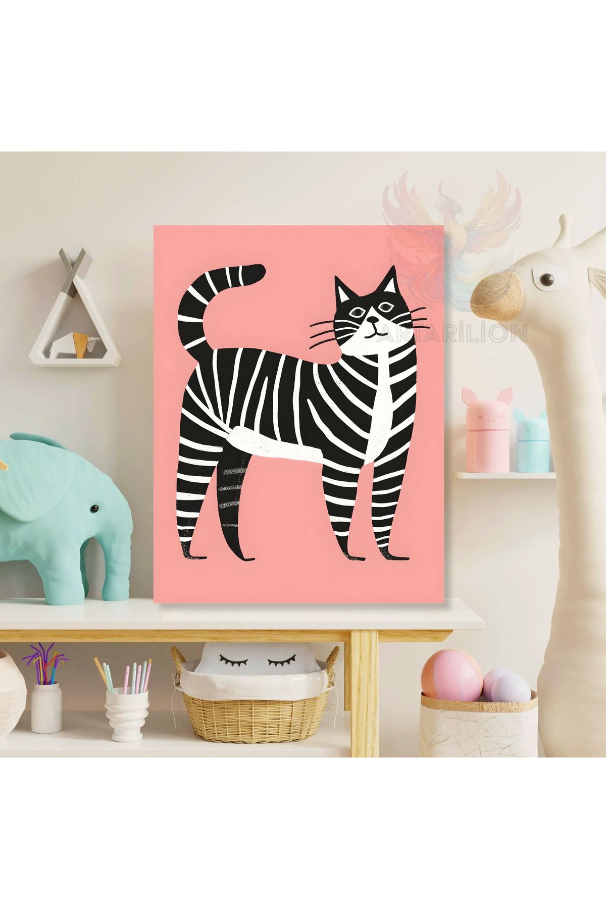 Kanvas Siyah Beyaz Çizgili Kedi Baskı Tablo Çocuk Odası Tablosu Çocuk Odası Tablosu