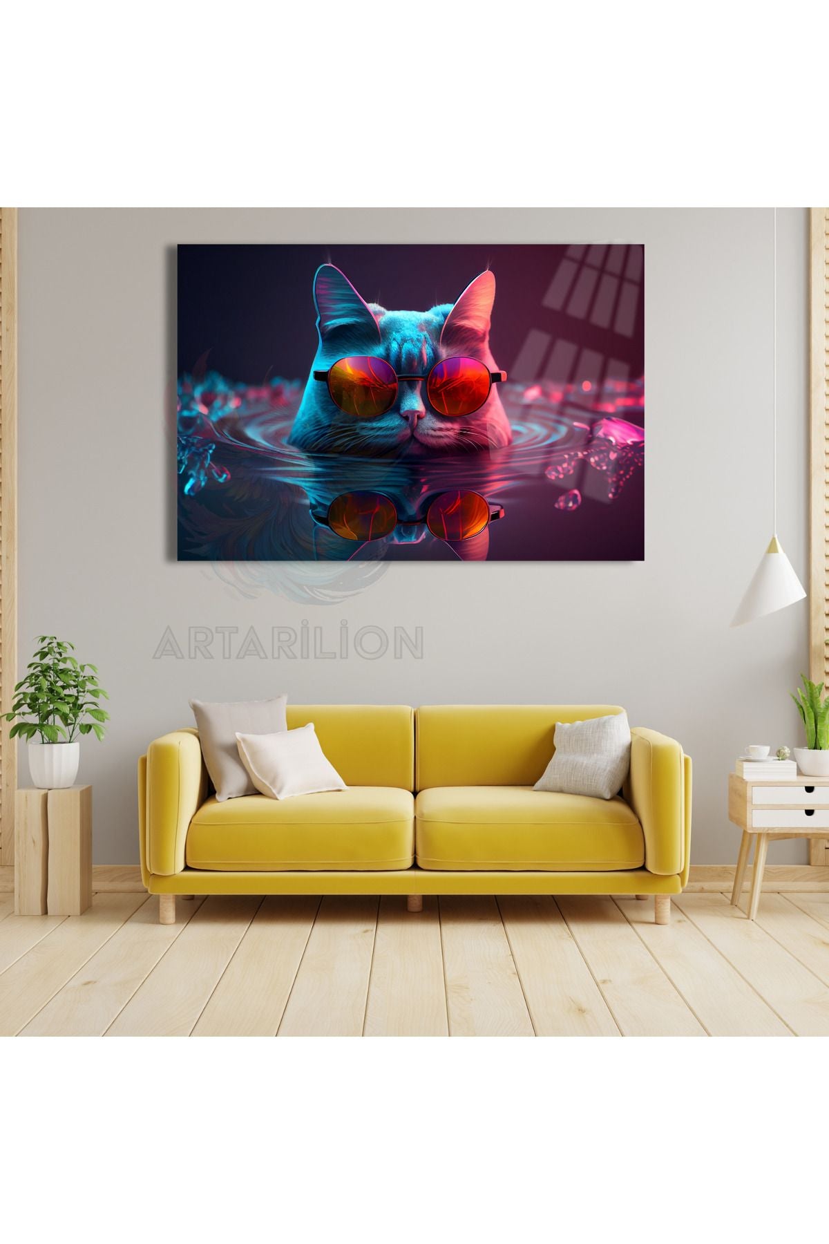 Gözlüklü Yüzen Kedi Tablosu Kırılmaz Cam Tablo Salon Tablosu Yeni Ev Hediyesi