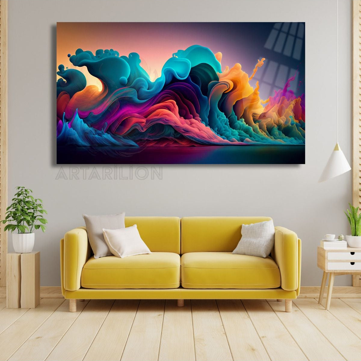 Unbreakable Glass Painting Abstract Neon Colored Smoke Visual Living Room Painting Model Gaming Room Decor