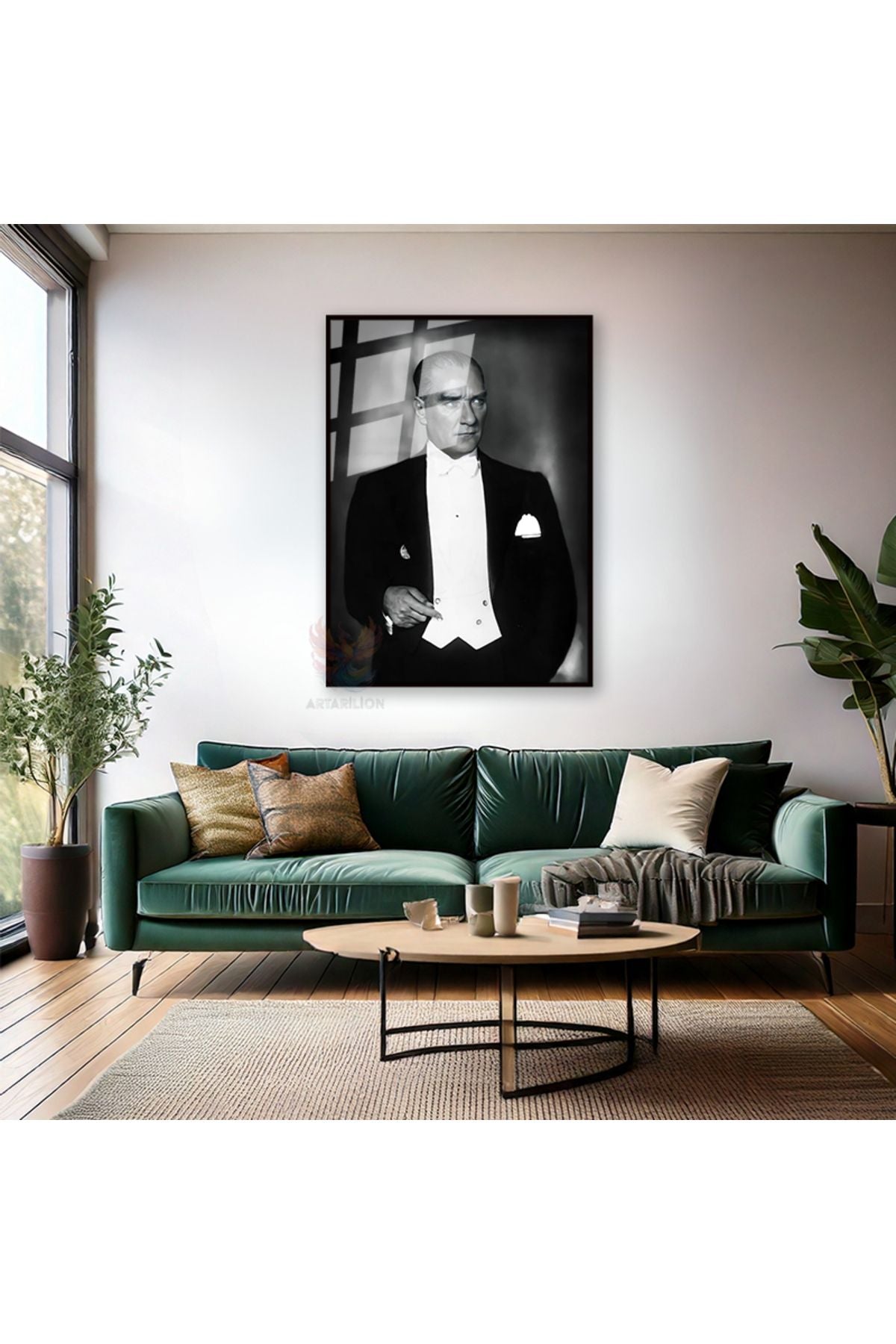 Mustafa Kemal Atatürk Siyah Beyaz Metal Çerçeveli Cam Tablo Dikey Duvar Tablosu Ev Ofis Tablosu