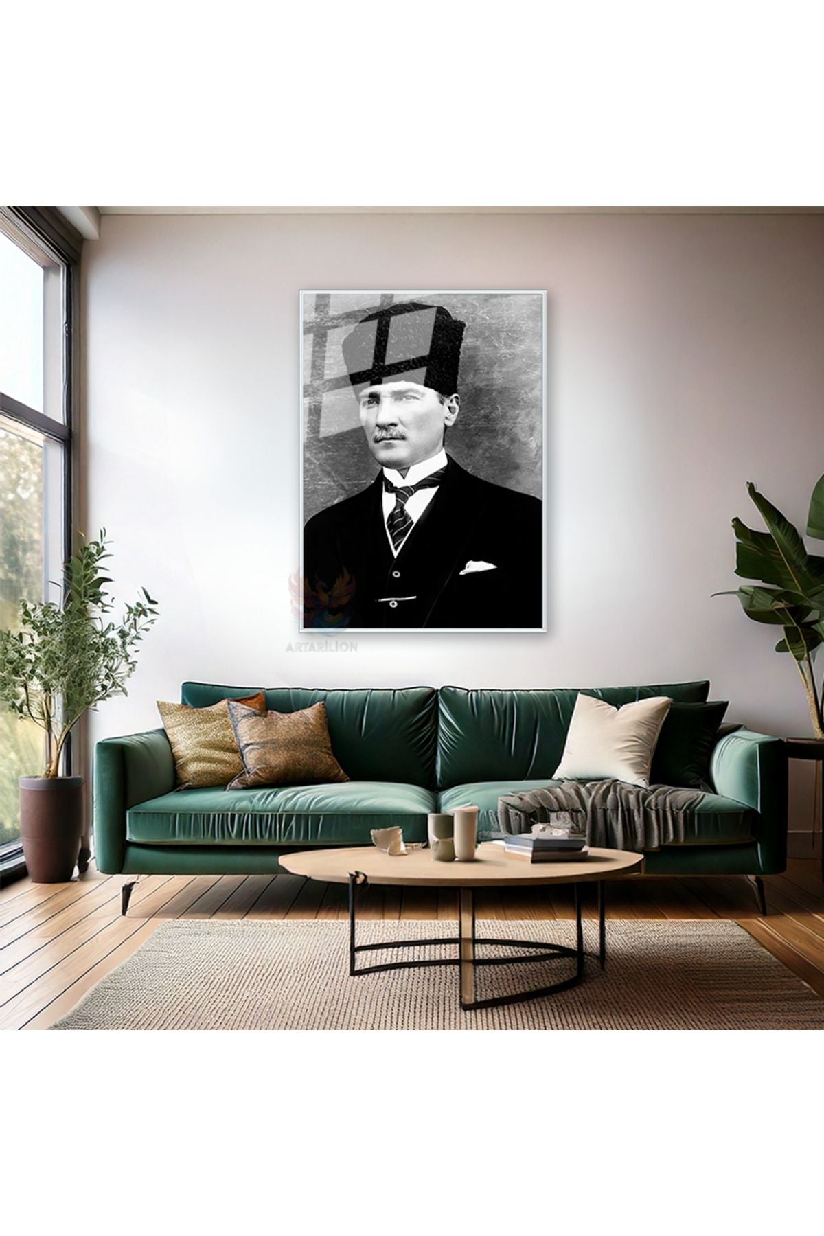 Dikey Metal Çerçeveli Cam Siyah Beyaz Atatürk Tablosu Çerçeveli Cam Ofis Ev Tablosu Duvar Dekoru