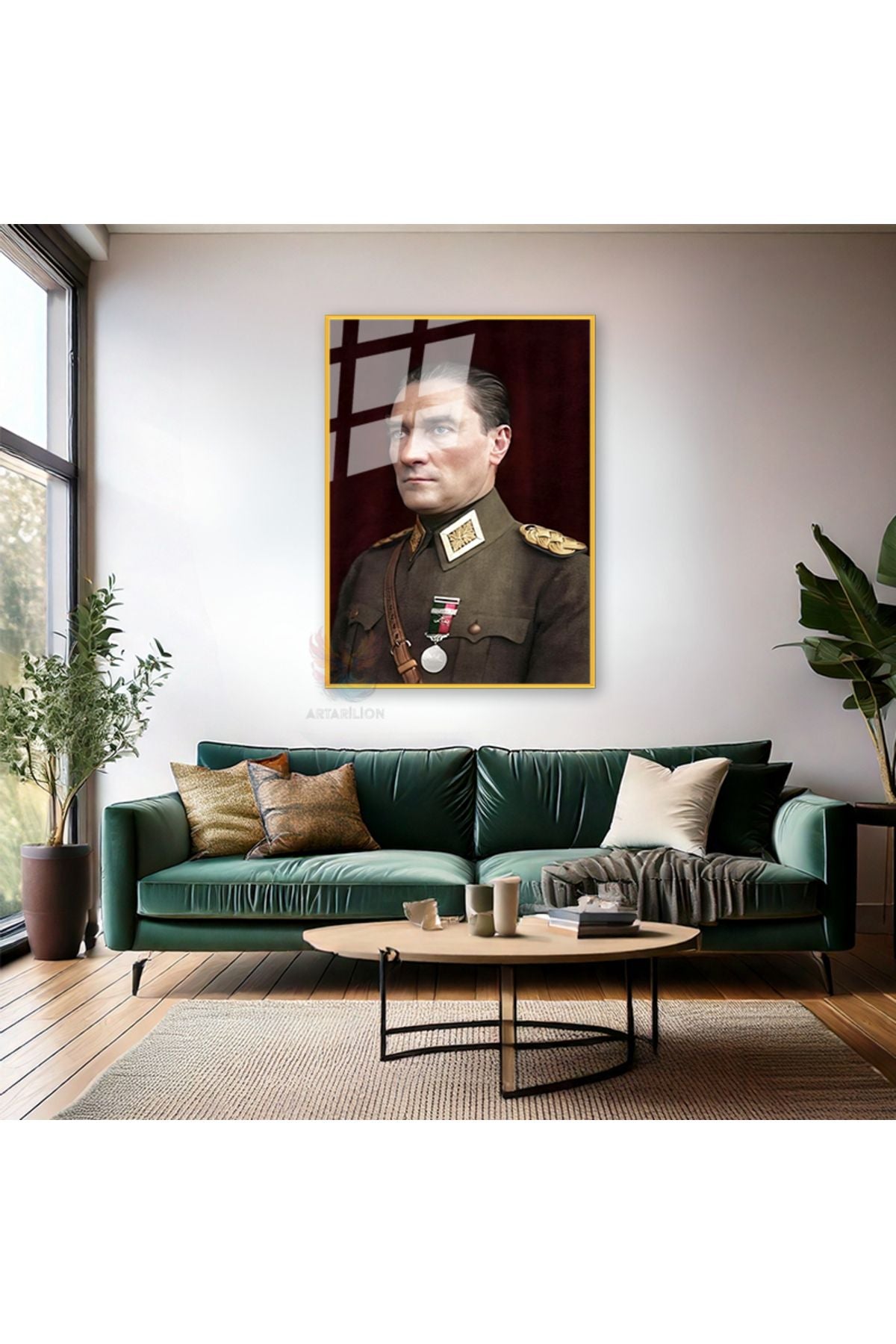 Dikey Metal Çerçeveli Cam Renkli Atatürk Tablosu Metal Çerçeveli Cam Ofis Ev Tablosu Duvar Dekoru