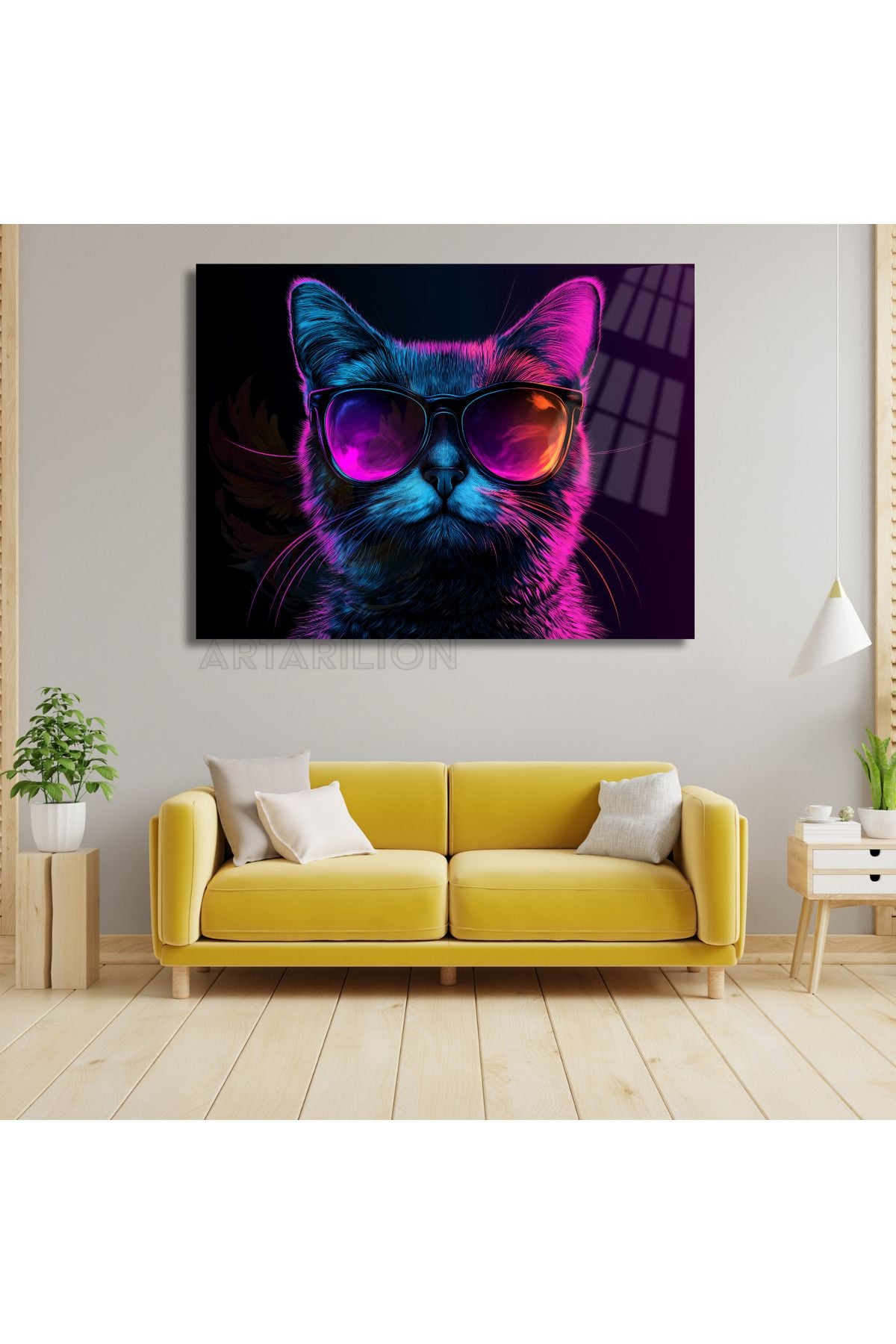 Gözlüklü Tarz Kedi Görseli Kırılmaz Cam Tablo Dijital Baskı Tablo Kedi Tablosu
