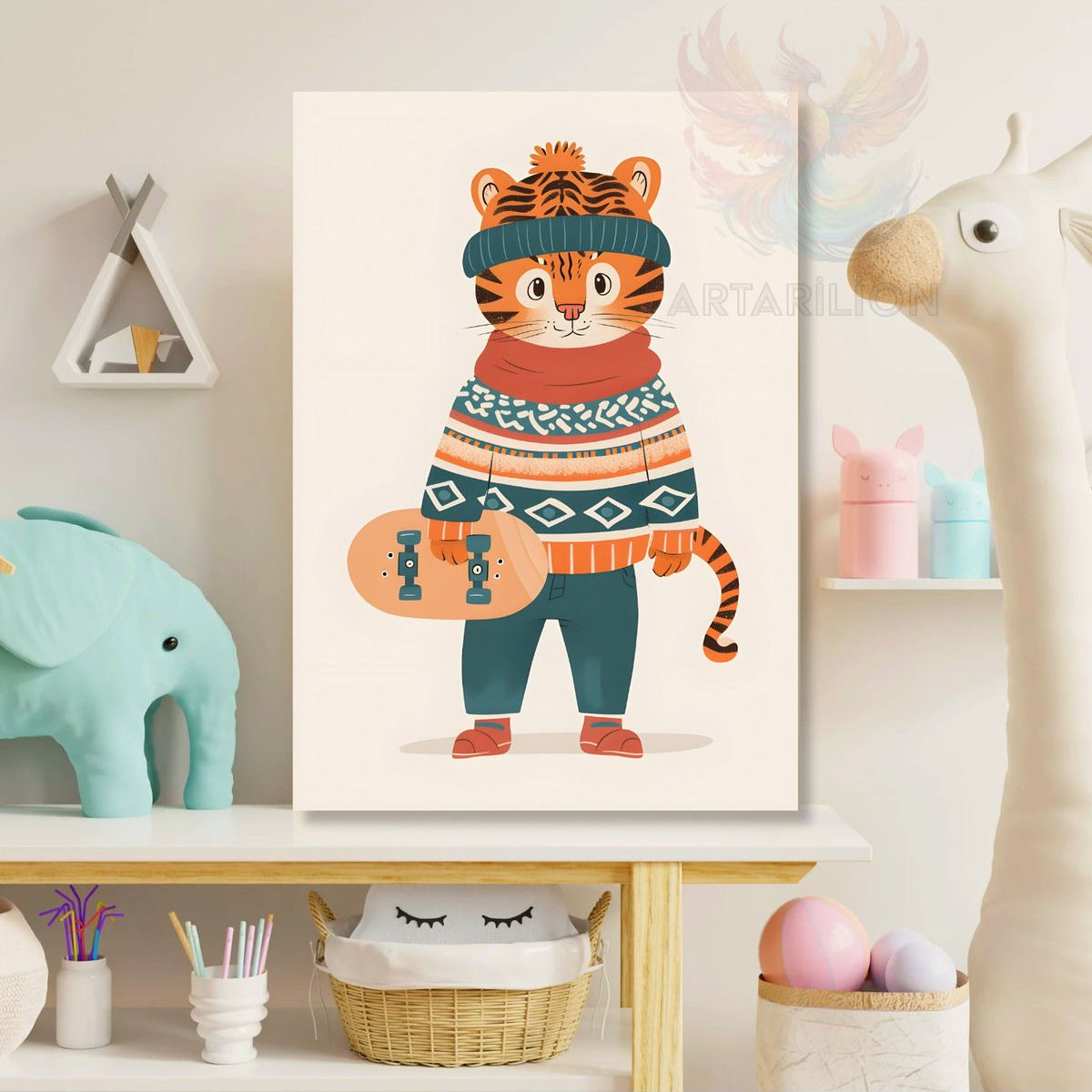 Canvas Skateboard Tiger Pattern Printed Painting Playroom Painting Wall Decor Kids Room Painting