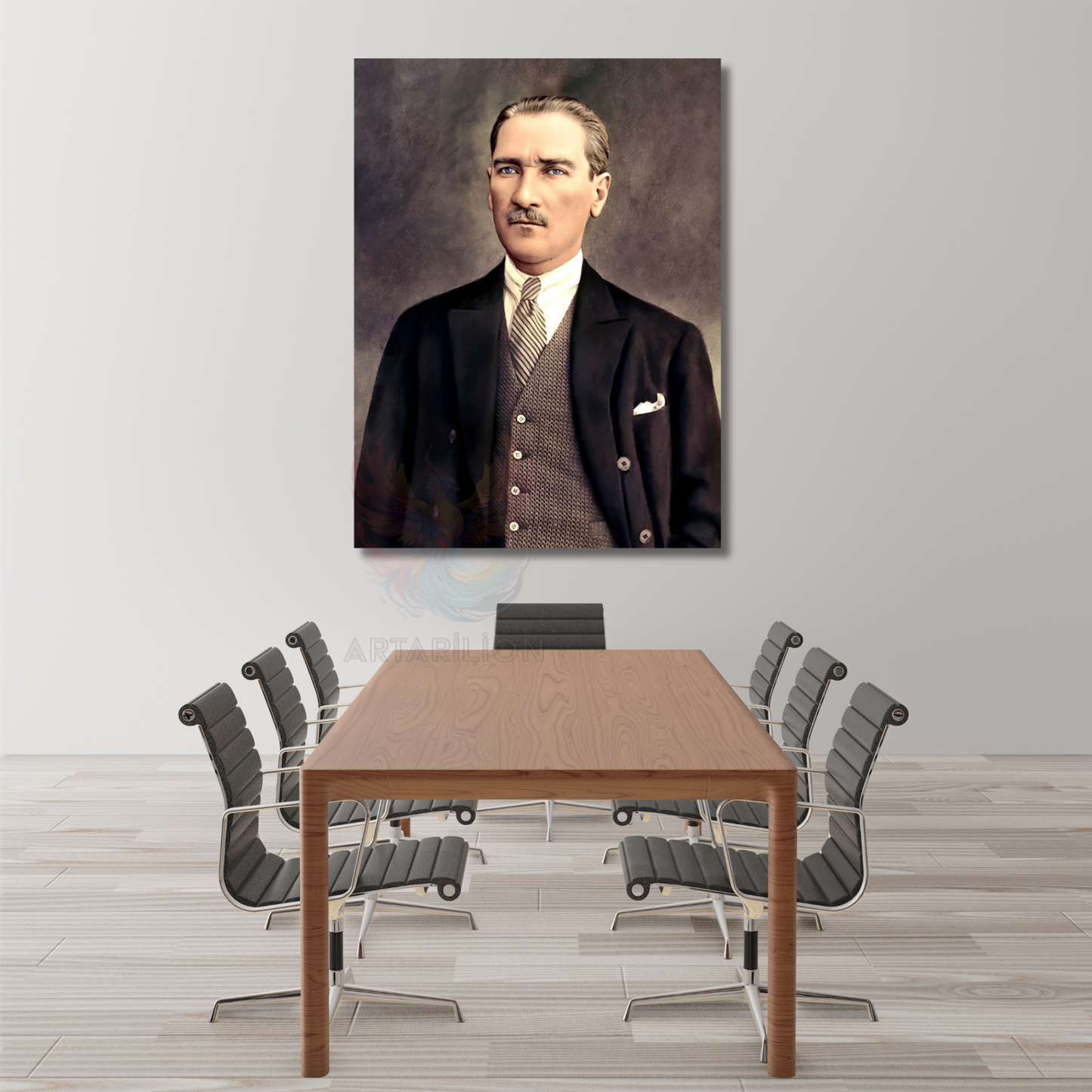 Renklendirilmiş Atatürk Kanvas Tablo Modeli Dikey Duvar Tablosu Ofis Ev Dekoru