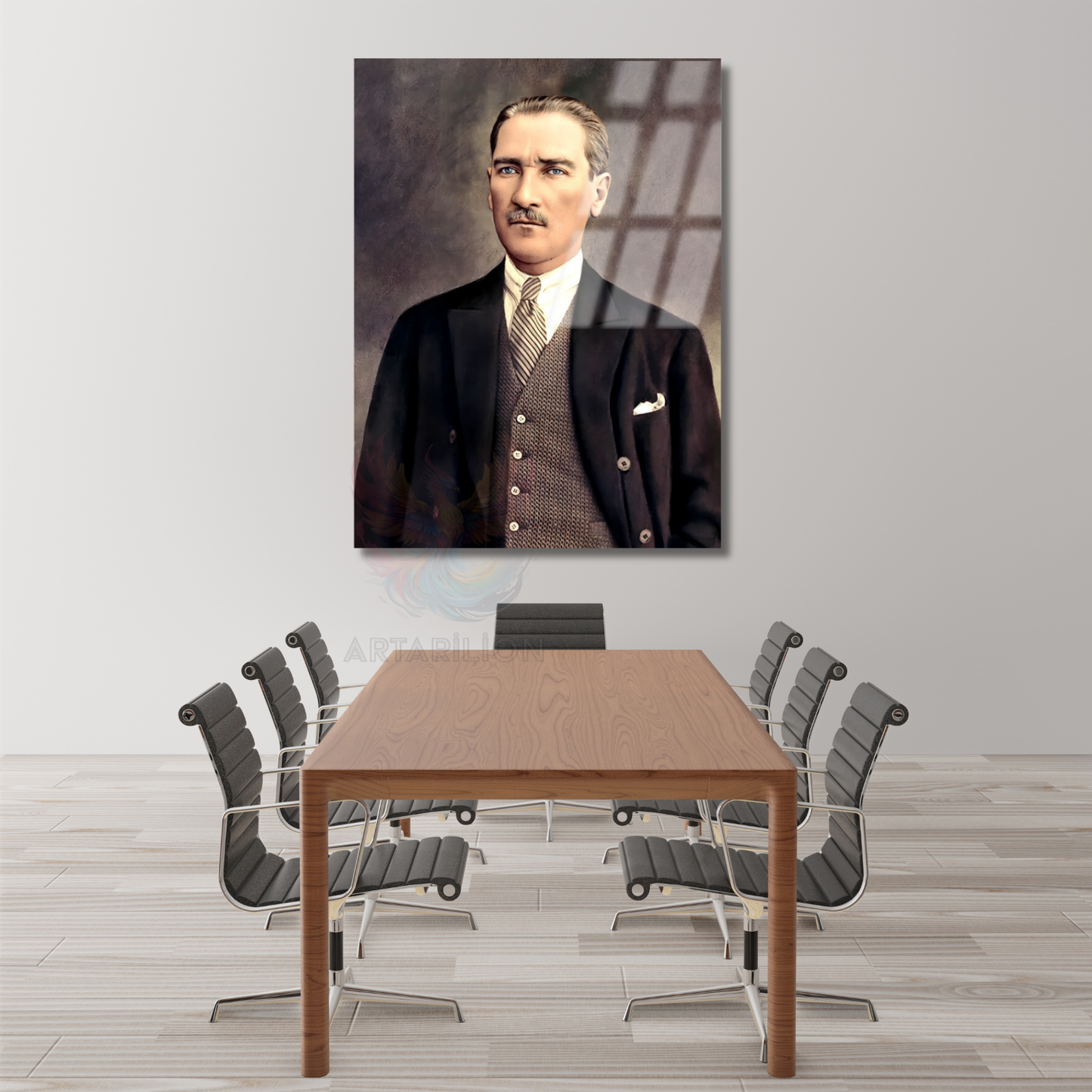Renklendirilmiş Atatürk Cam Tablo Modeli Dikey Duvar Tablosu Ofis Ev Dekoru