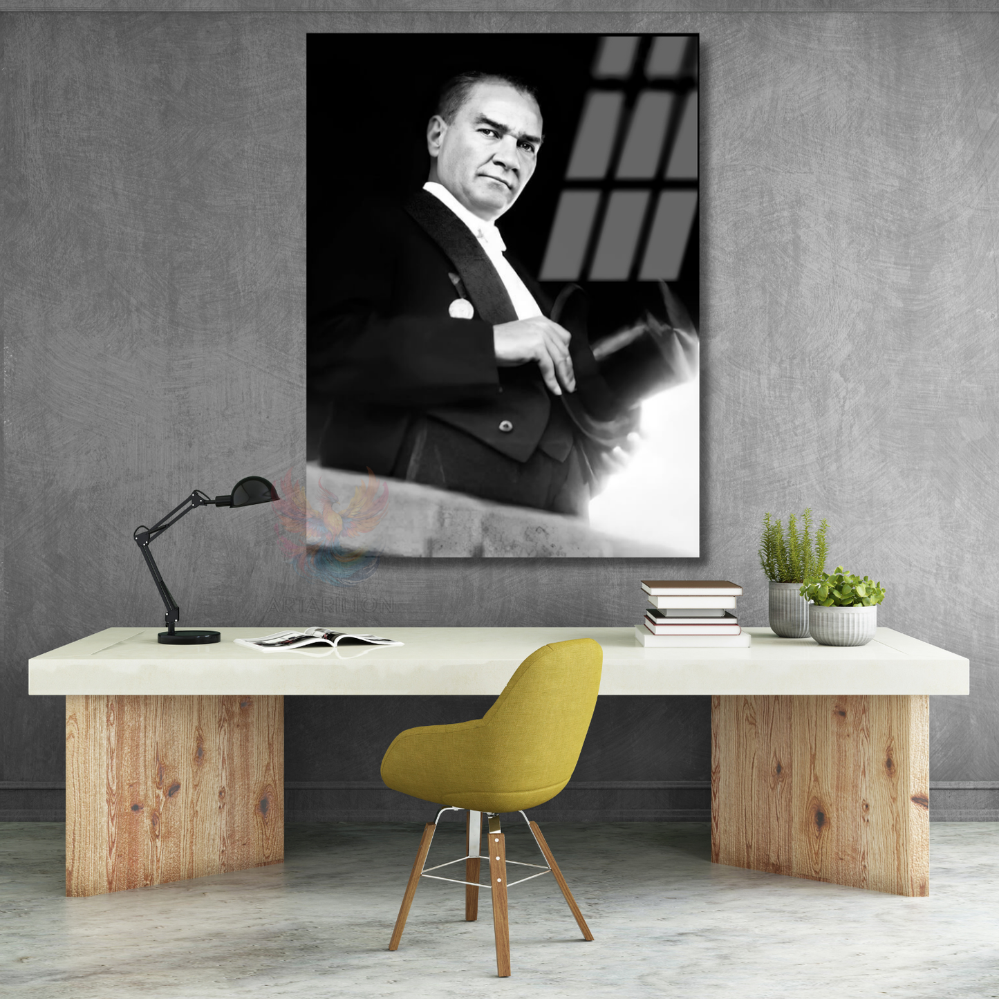 Atatürk Portresi Cam Tablo Şapka Tutan Atatürk Tablosu Ev Ofis DekoruDuvar Tablosu