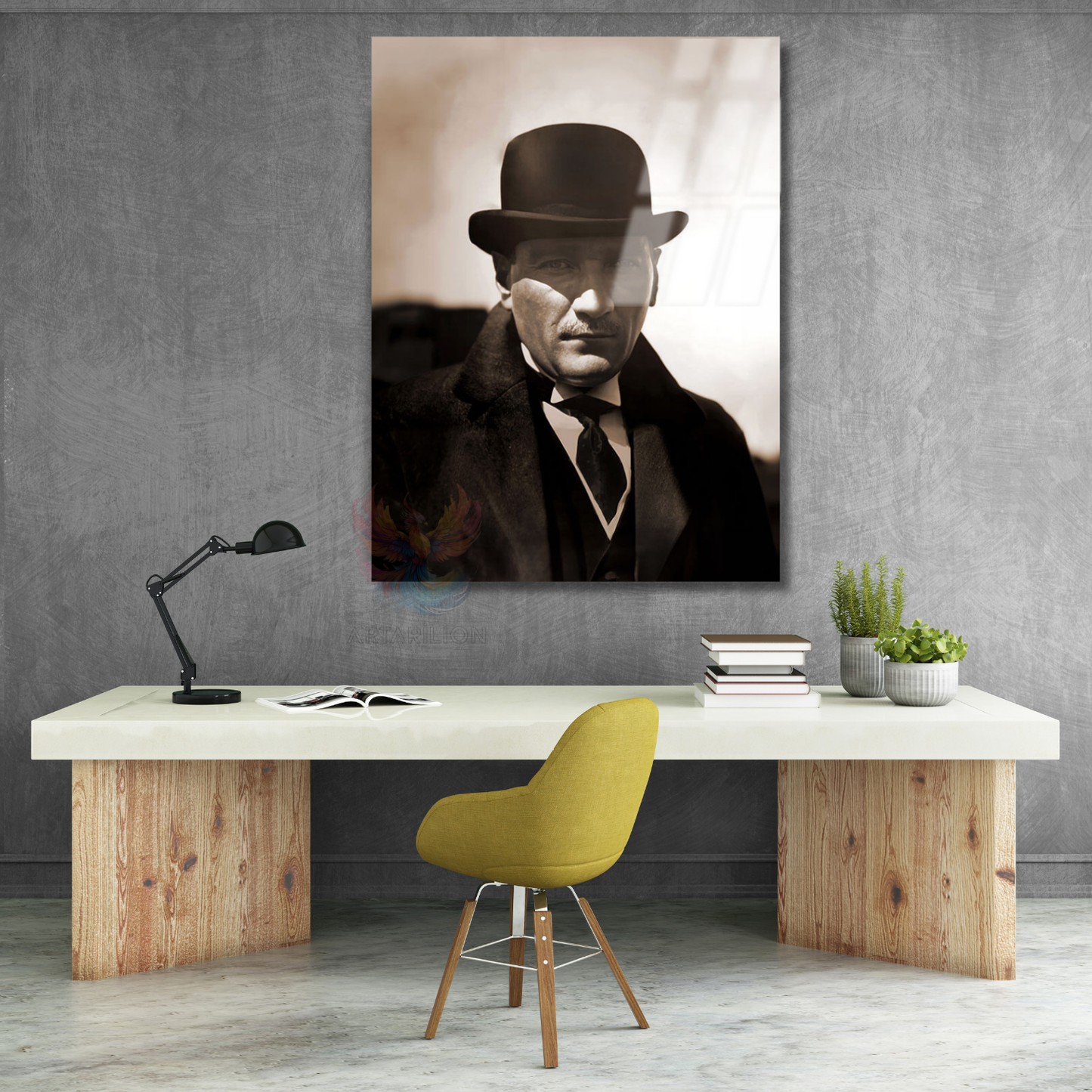 Şapkalı Atatürk Görseli Cam Tablo Dijital Baskı Ev Ofis Dekoru HD Dijital Baskı Tablo