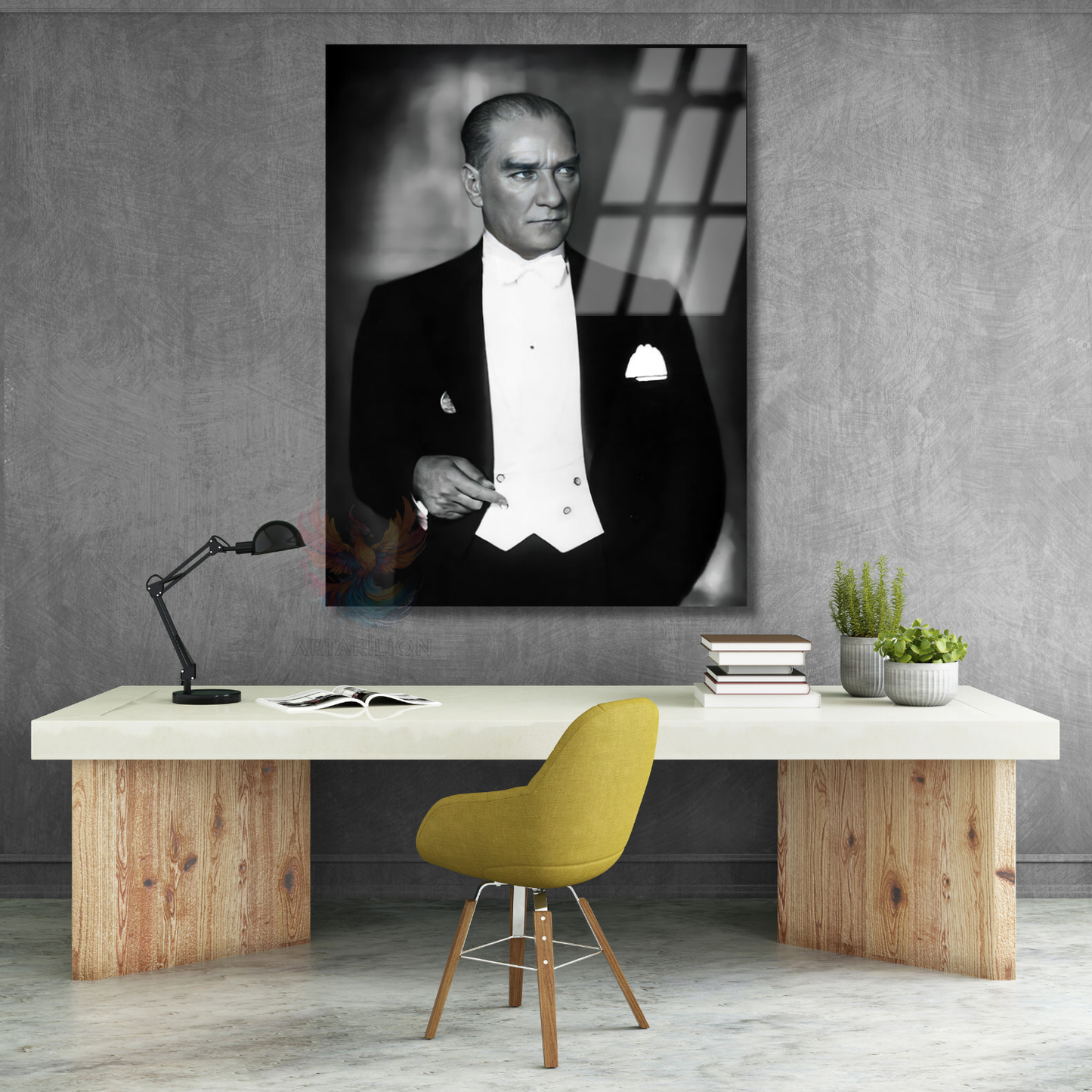 Mustafa Kemal Atatürk Siyah Beyaz Cam Tablo Dikey Duvar Tablosu Ev Ofis Tablosu