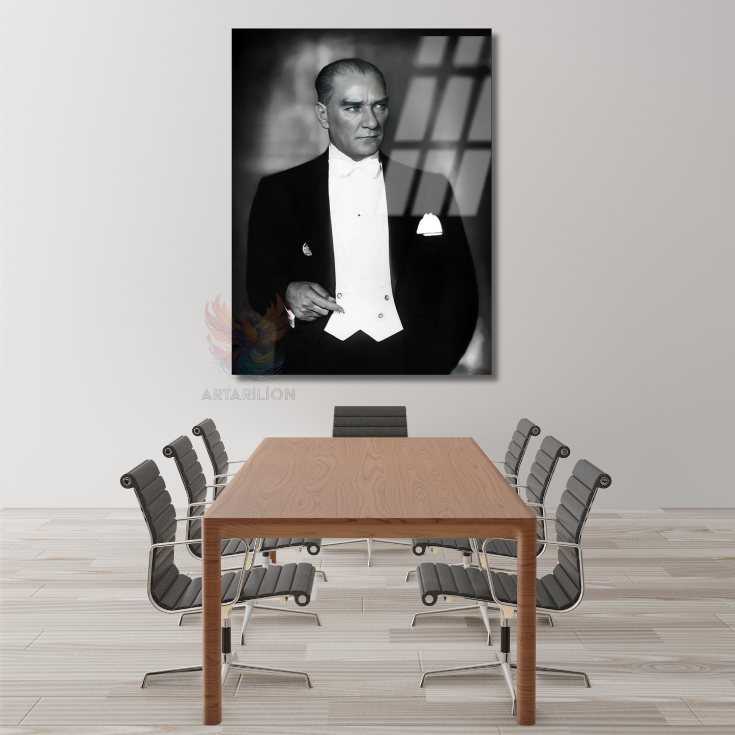 Mustafa Kemal Atatürk Siyah Beyaz Cam Tablo Dikey Duvar Tablosu Ev Ofis Tablosu