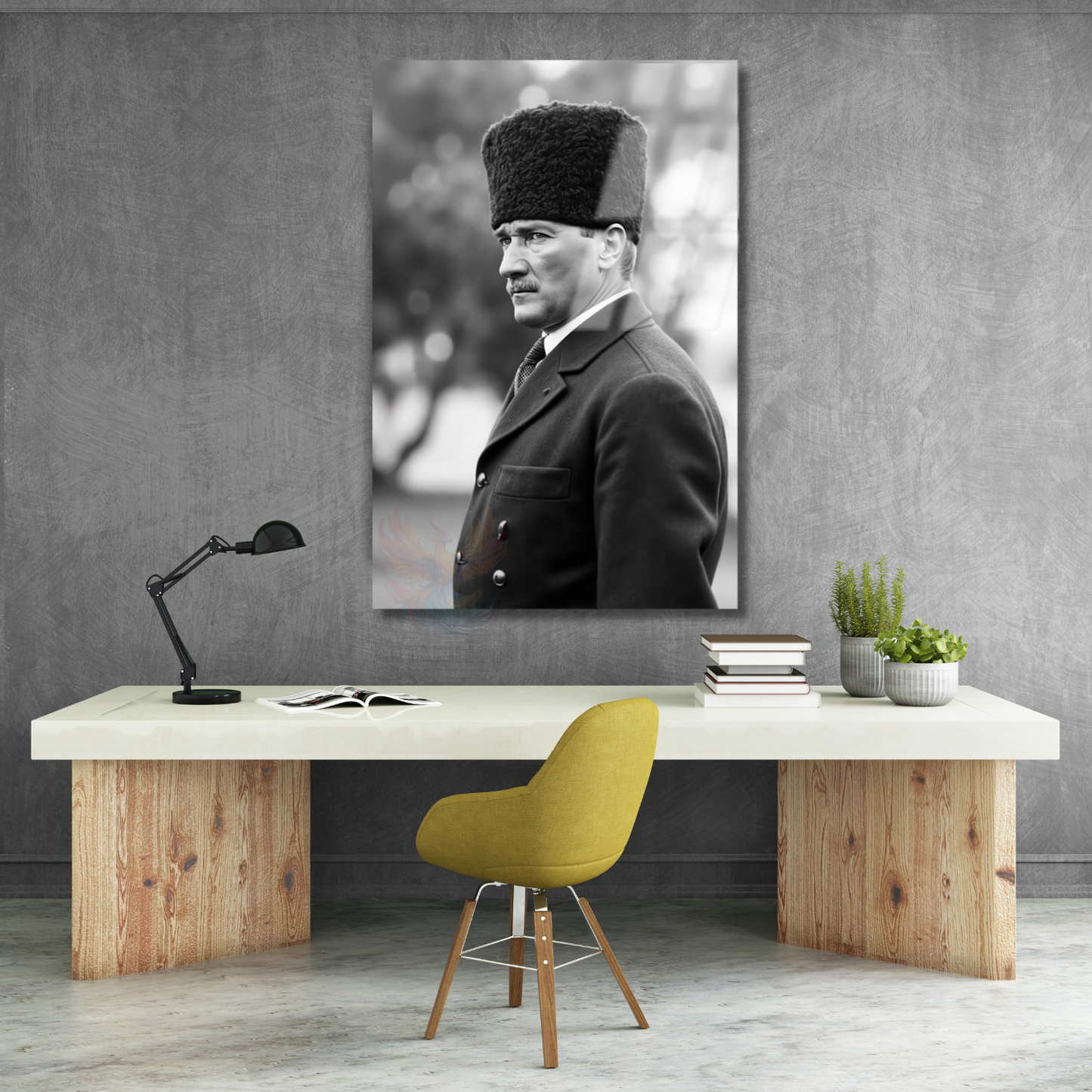 Siyah Beyaz Görsel Atatürk Cam Tablo Modeli Dikey Duvar Tablosu Ofis Ev Dekoru
