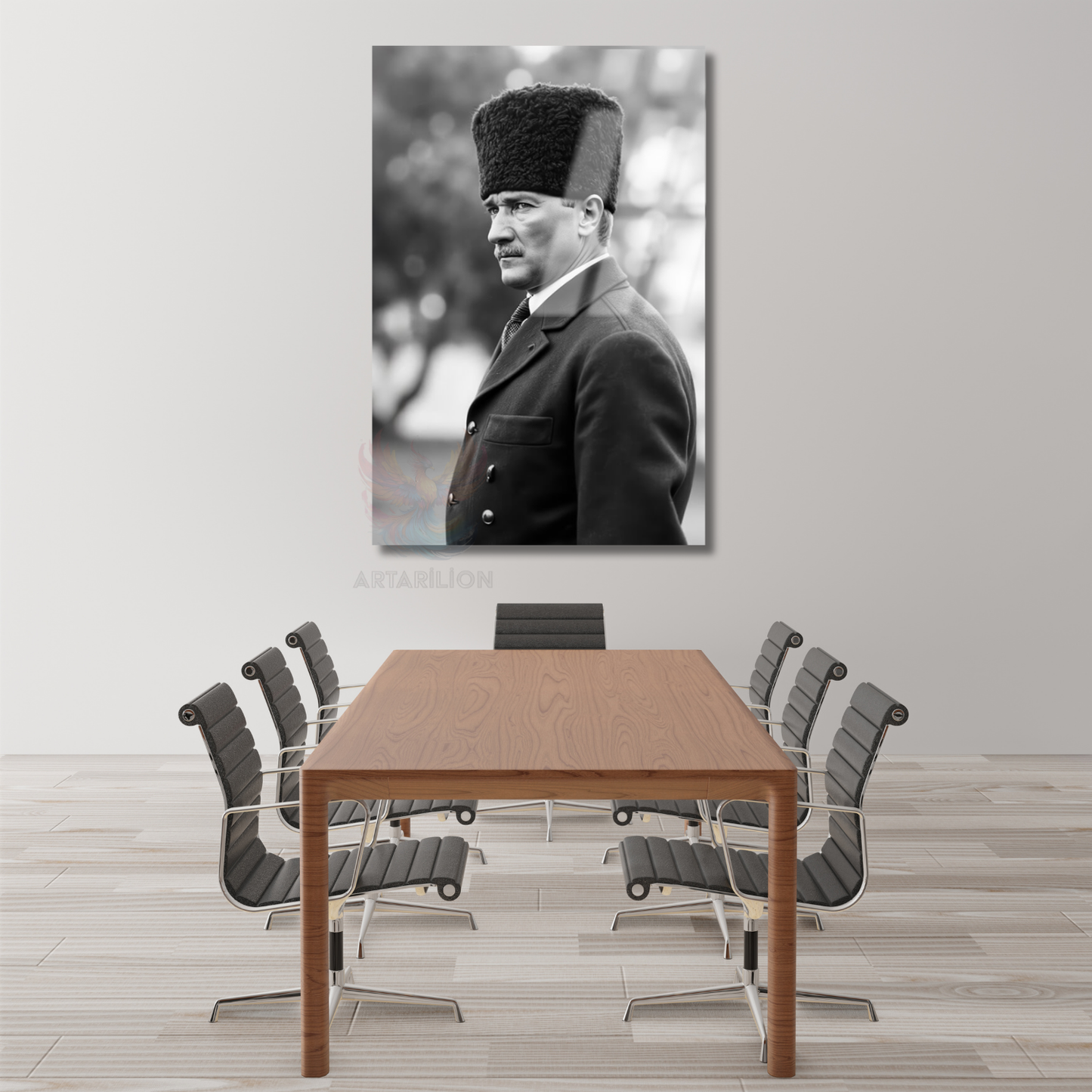 Siyah Beyaz Görsel Atatürk Cam Tablo Modeli Dikey Duvar Tablosu Ofis Ev Dekoru