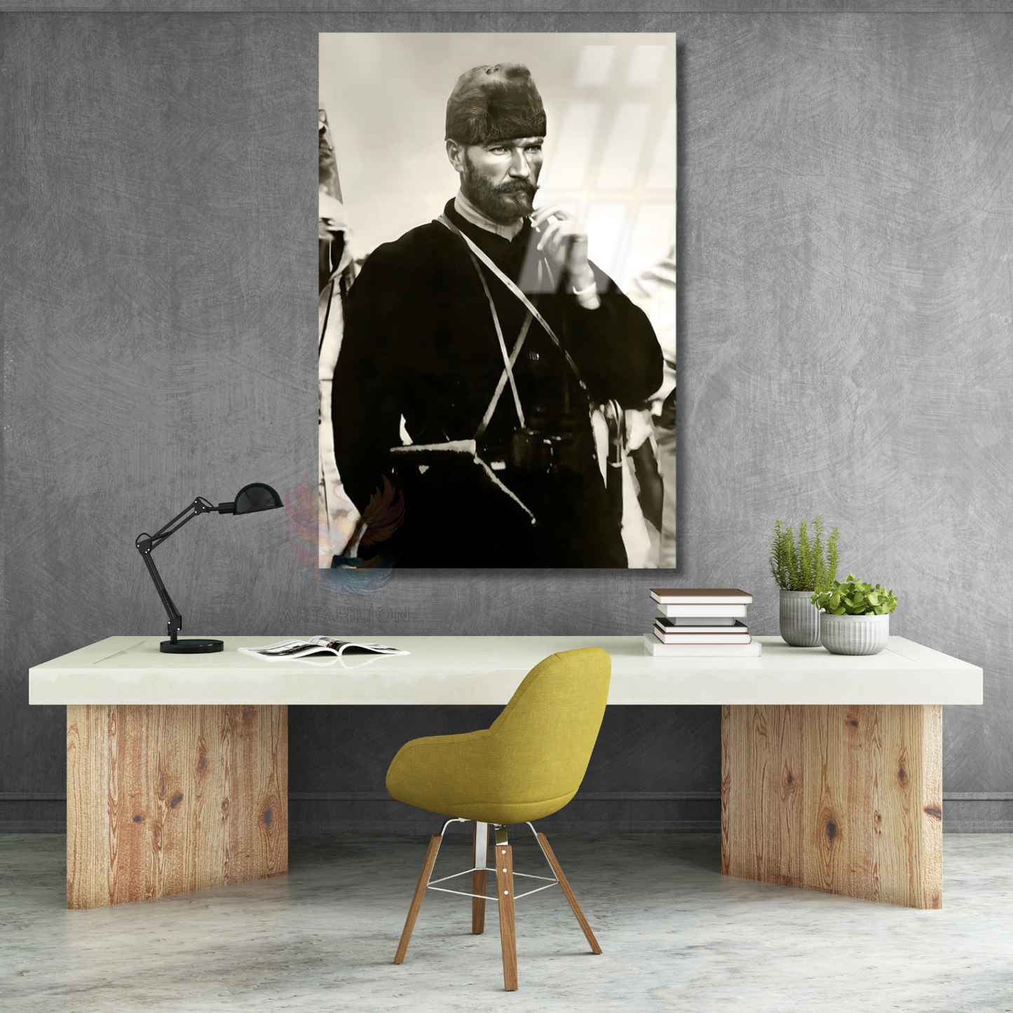 Genç Atatürk Siyah Beyaz Cam Tablo Dikey Duvar Dekoru Ev Ofis Tablo Modeli