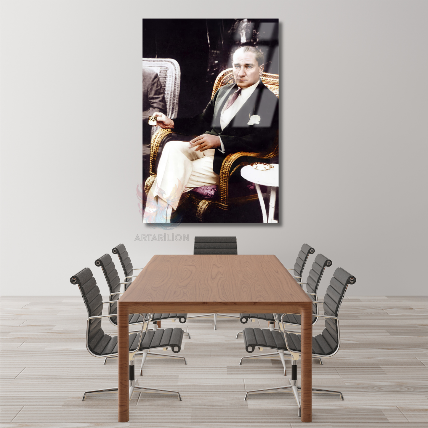 Kahve İçen Atatürk Görseli Renkli Atatürk Tablosu Dikey Cam Ev Ofis Tablosu