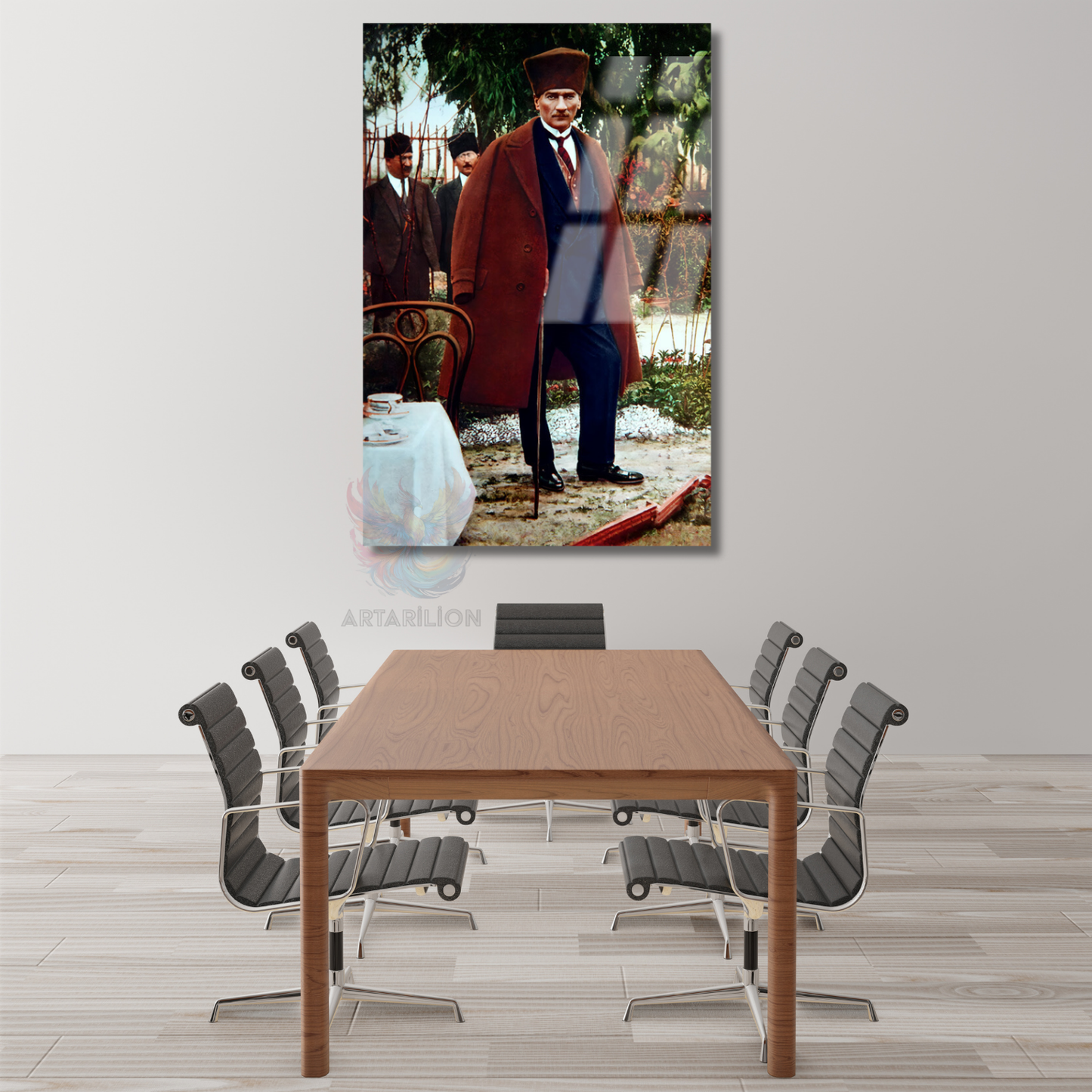 Atatürk ve Kurt Görseli Cam Tablo Dikey Duvar Tablosu Ev Ofis Tablosu