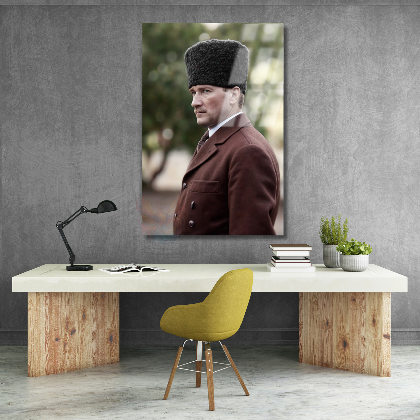 Renklendirilmiş Görsel Atatürk Cam Tablo Modeli Dikey Duvar Tablosu Ofis Ev Dekoru