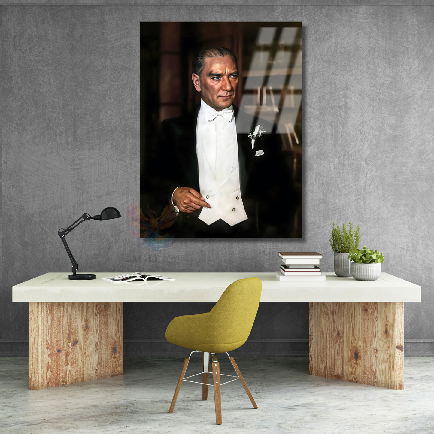 Karizmatik Atatürk Görseli Cam Tablo Modeli Dikey Duvar Tablosu Ev Ofis Dekoru