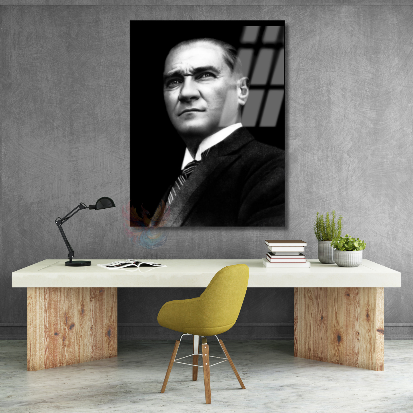 Siyah Beyaz Atatürk Görseli Cam Tablo Modeli Ev Ofis Hediyesi Duvar Dekoru