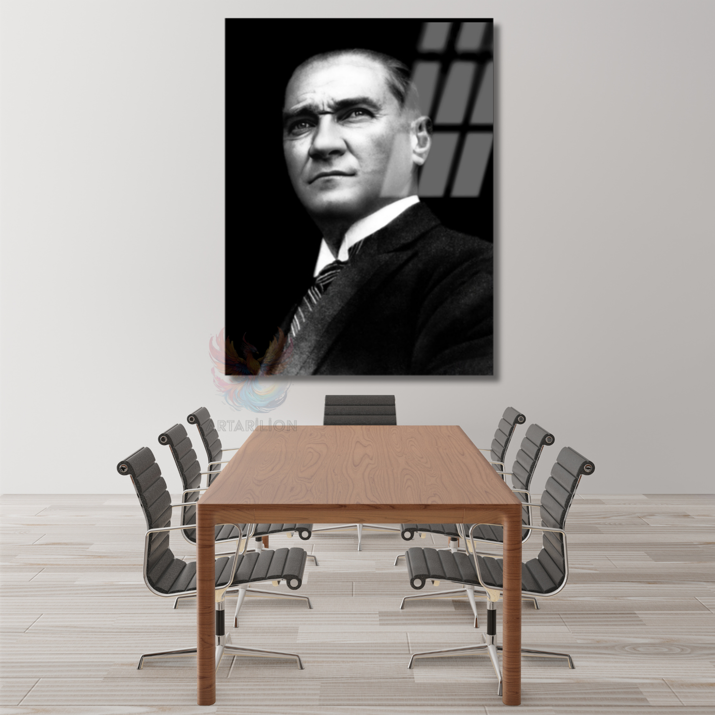 Siyah Beyaz Atatürk Görseli Cam Tablo Modeli Ev Ofis Hediyesi Duvar Dekoru