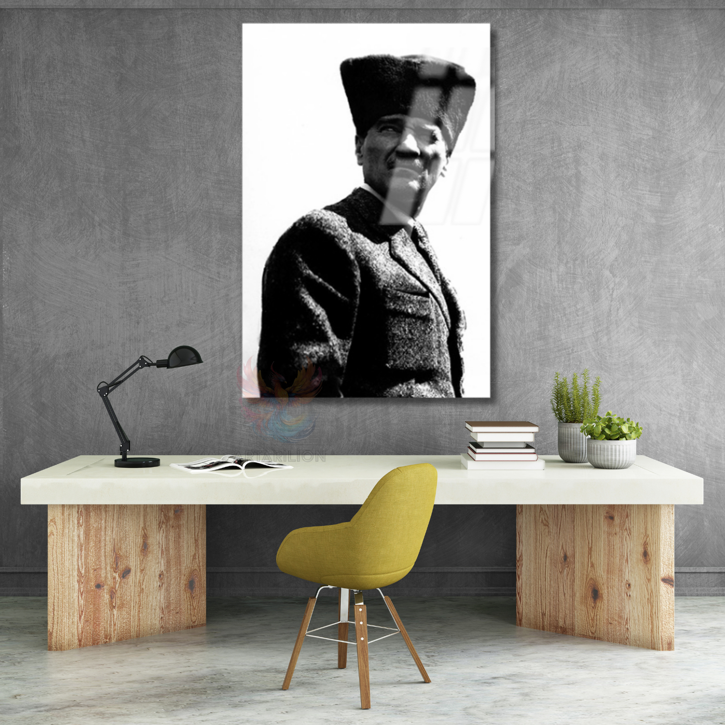 Cam Tablo Atatürk Görseli Siyah Beyaz Dikey Duvar Tablosu Ev Ofis Dekoru