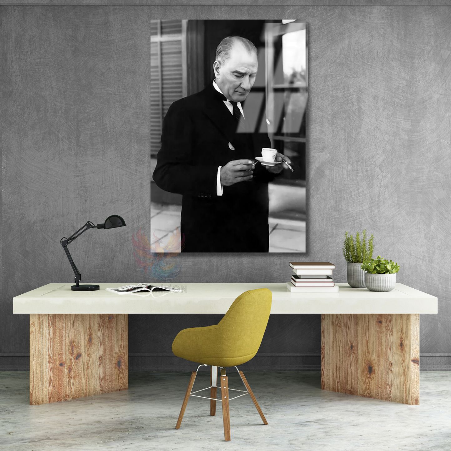 Dikey Cam Tablo Kahve İçen Atatürk Görseli Duvar Tablosu Ev Ofis Dekoru