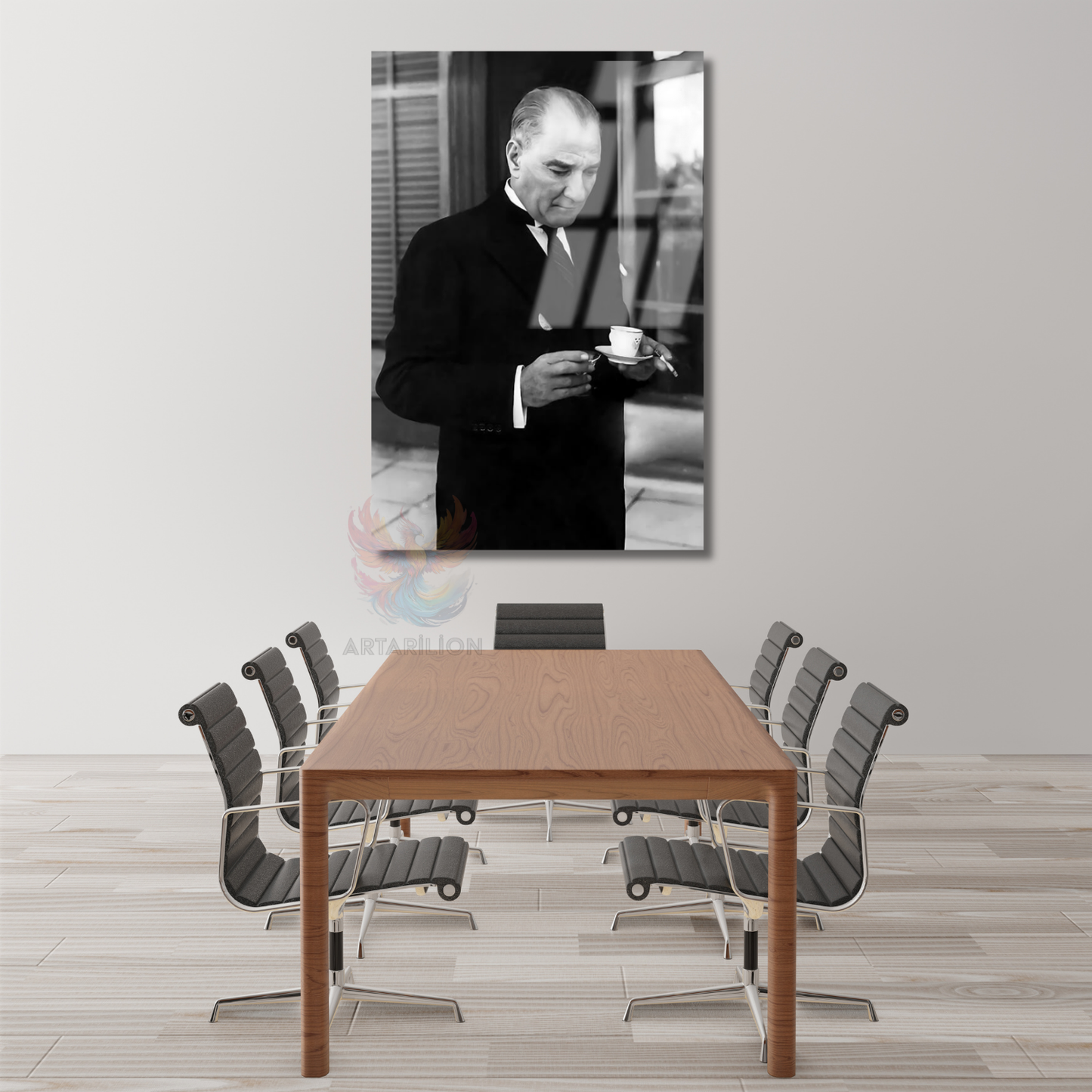 Dikey Cam Tablo Kahve İçen Atatürk Görseli Duvar Tablosu Ev Ofis Dekoru