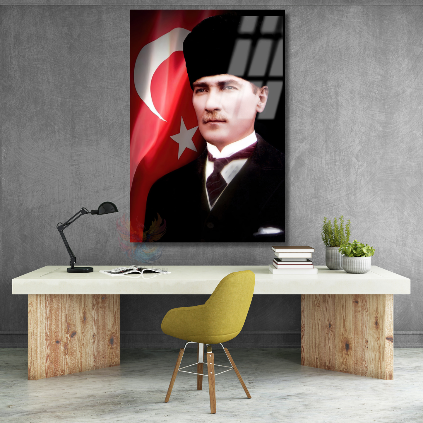 Atatürk ve Bayrak Cam Tablo Dikey Duvar Tablosu Ofis Ev Dekoru Atatürk Portresi