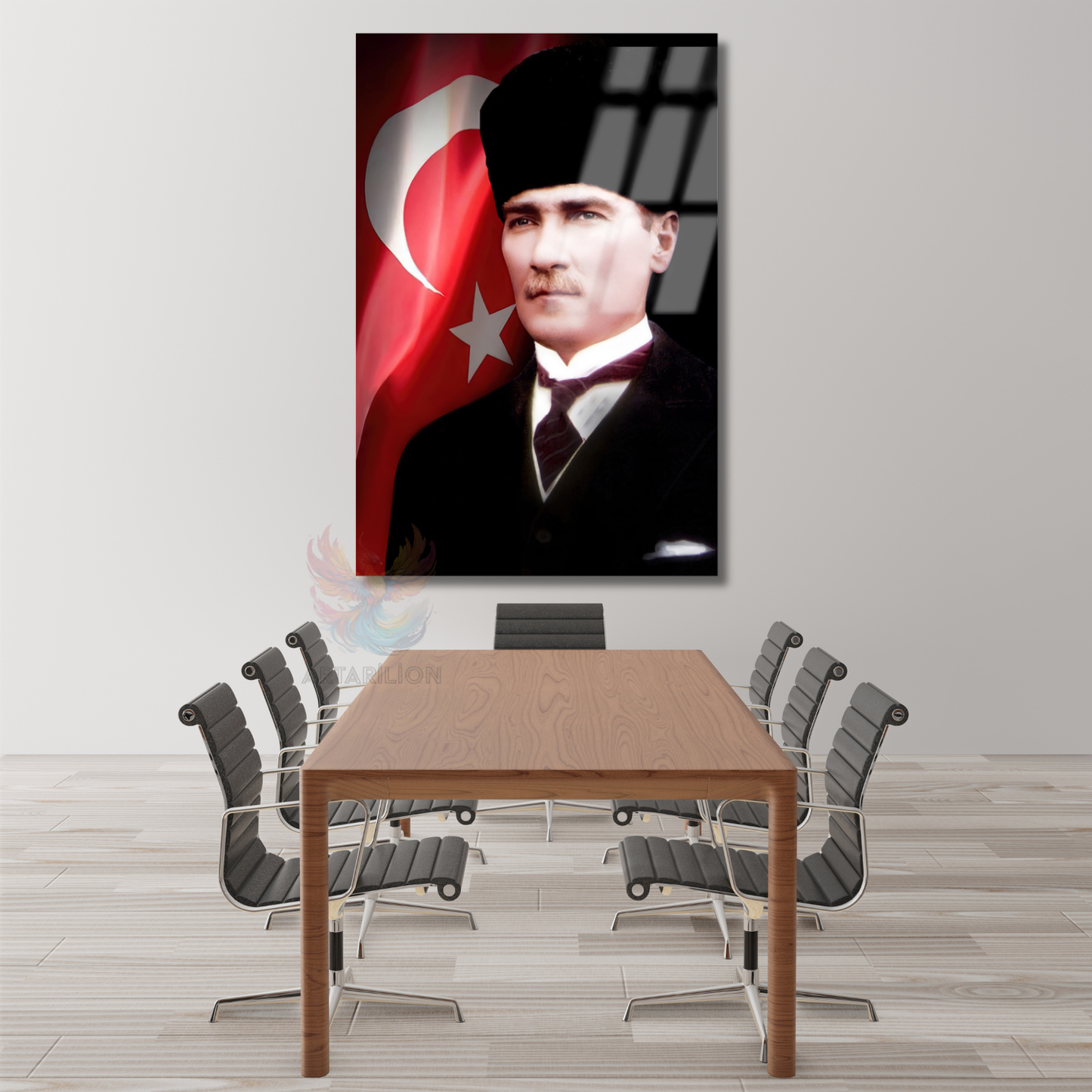 Atatürk ve Bayrak Cam Tablo Dikey Duvar Tablosu Ofis Ev Dekoru Atatürk Portresi