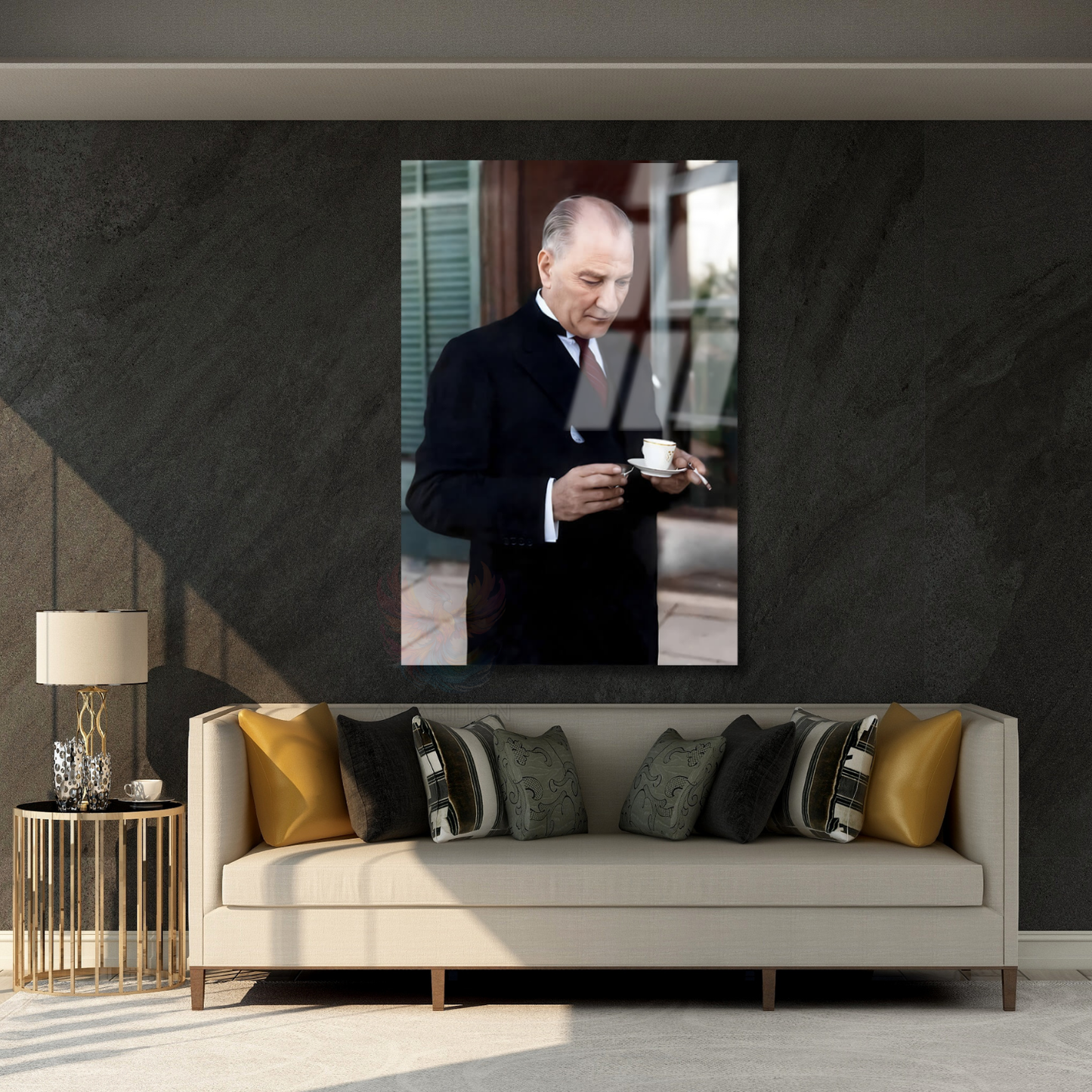 Renklendirilmiş Atatürk Cam Tablo Modeli Kahve İçen Atatürk Dikey Duvar Tablosu Ofis Ev Dekoru