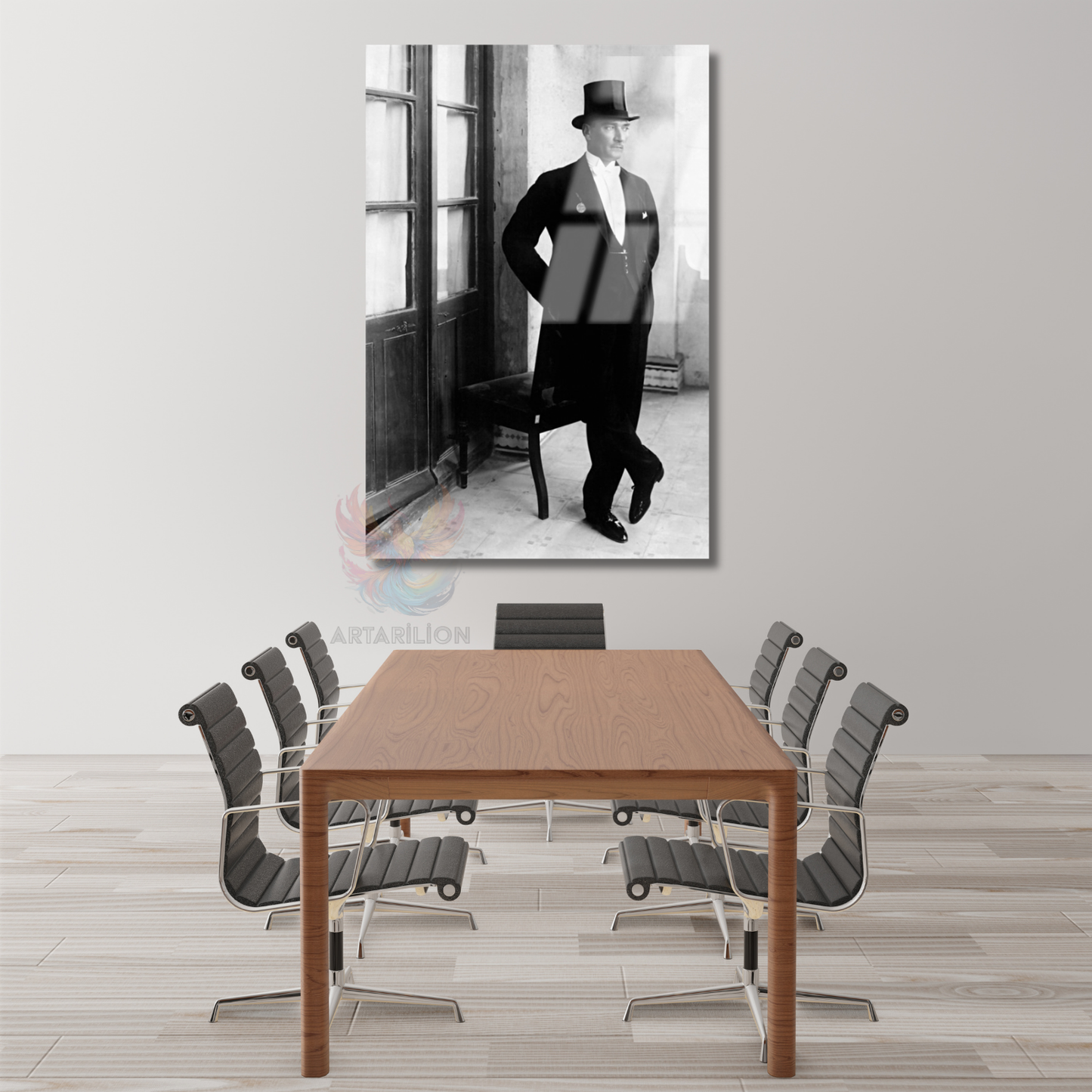 Cam Atatürk Tablo Modeli Şapkalı Atatürk Görseli Dikey Duvar Tablosu