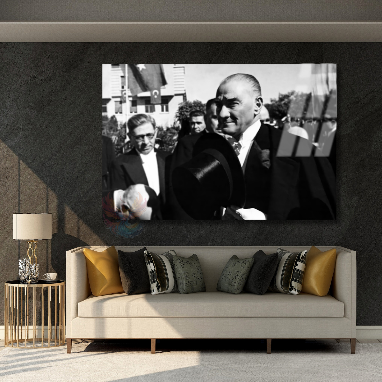 Siyah Beyaz Atatürk Cam Tablo Şapka Tutan Atatürk Tablosu Ofis Tablosu Duvar Dekoru