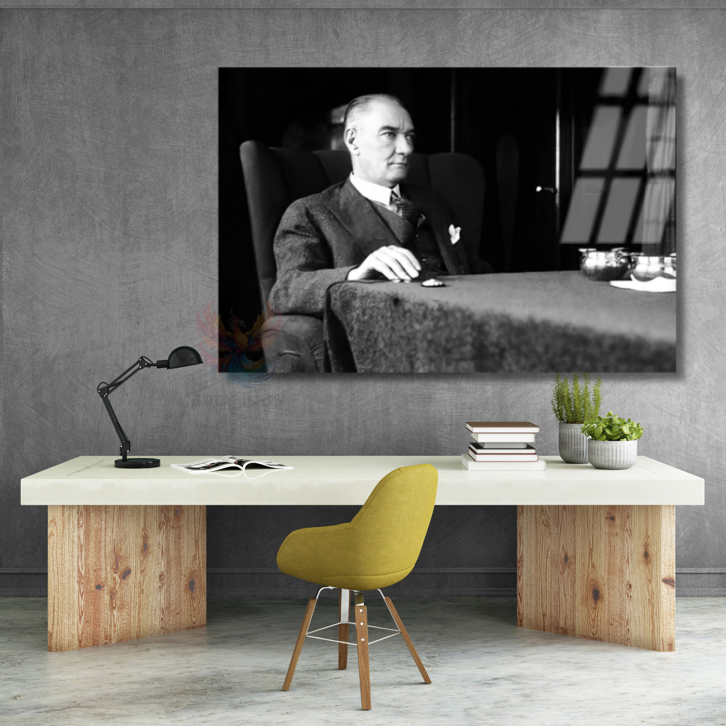Siyah Beyaz Atatürk Tablosu Yatay Cam Tablo Modeli Ev Ofis Duvar Dekoru