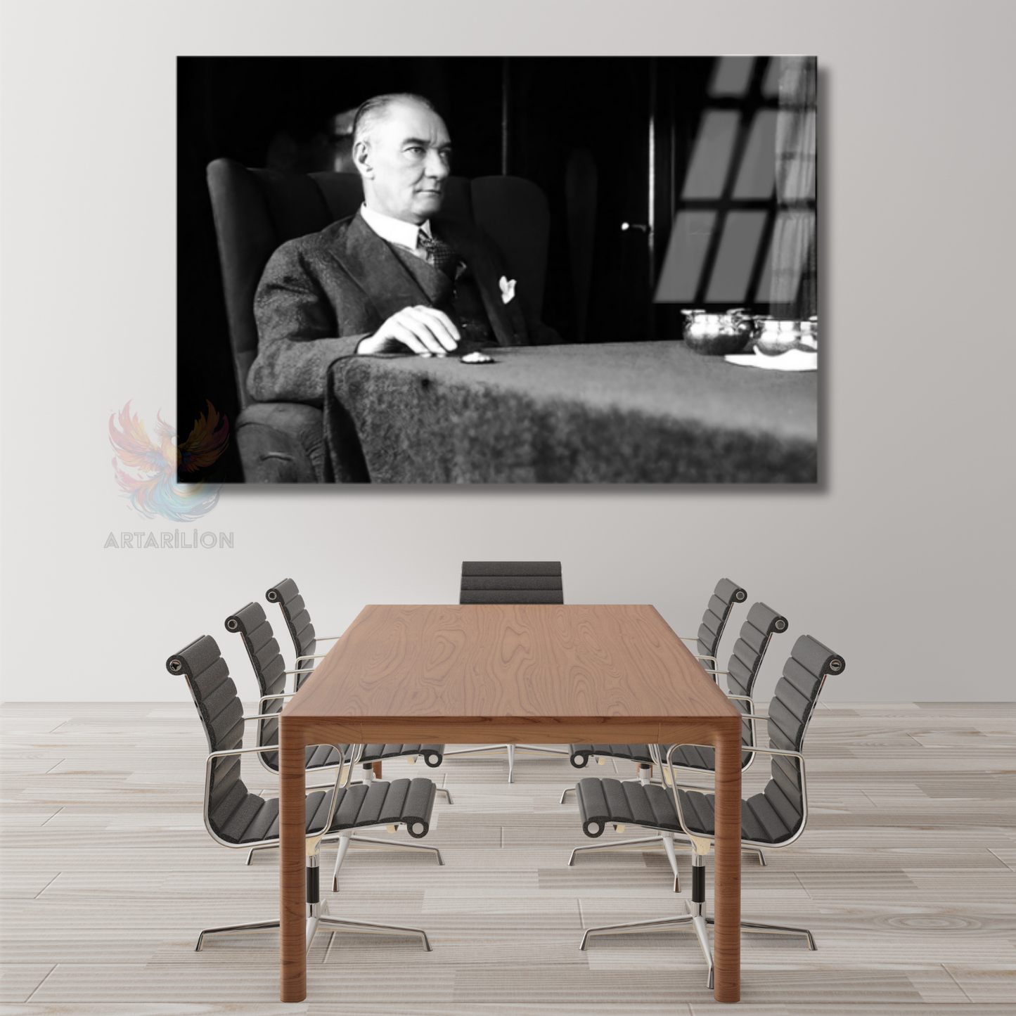 Siyah Beyaz Atatürk Tablosu Yatay Cam Tablo Modeli Ev Ofis Duvar Dekoru