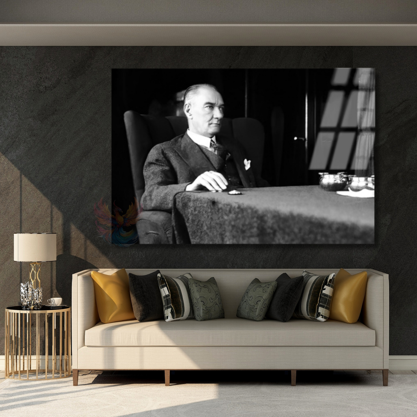 Siyah Beyaz Atatürk Tablosu Yatay Cam Tablo Modeli Ev Ofis Duvar Dekoru
