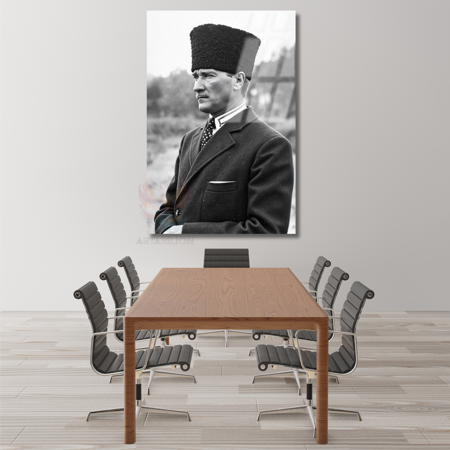 Siyah Beyaz Görsel Kemal Atatürk Cam Tablo Modeli Dikey Duvar Tablosu Ofis Ev Dekoru