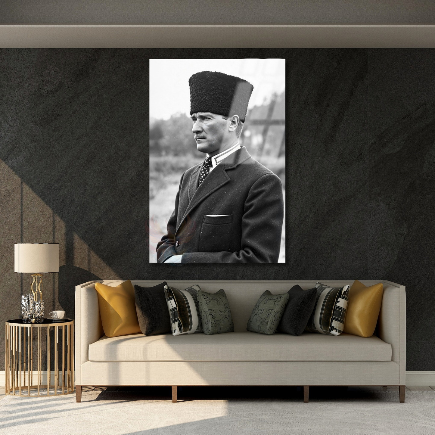 Siyah Beyaz Görsel Kemal Atatürk Cam Tablo Modeli Dikey Duvar Tablosu Ofis Ev Dekoru