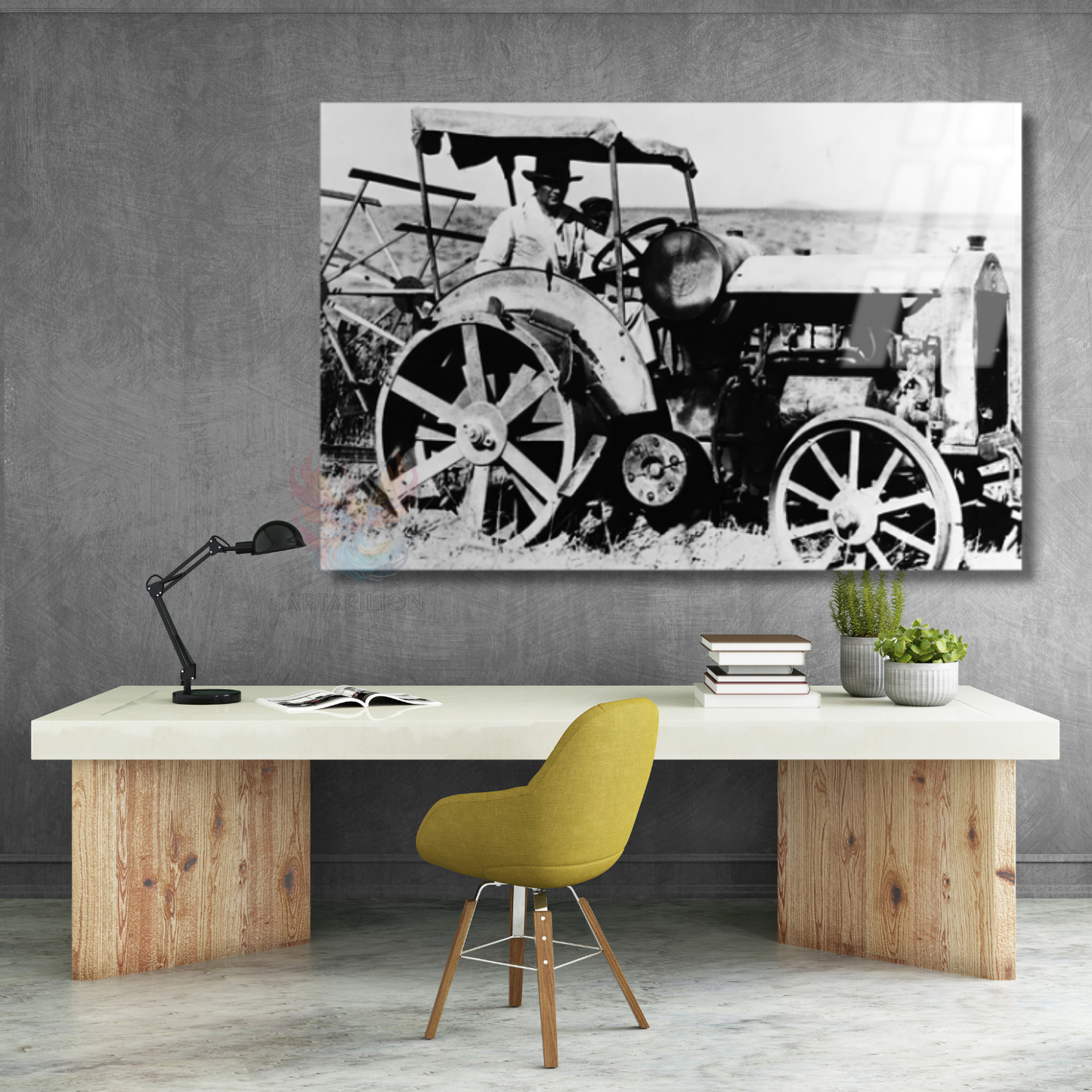 Traktör Süren Atatürk Tablosu Cam Tablo HD Dijital Baskı Yatay Duvar Tablosu