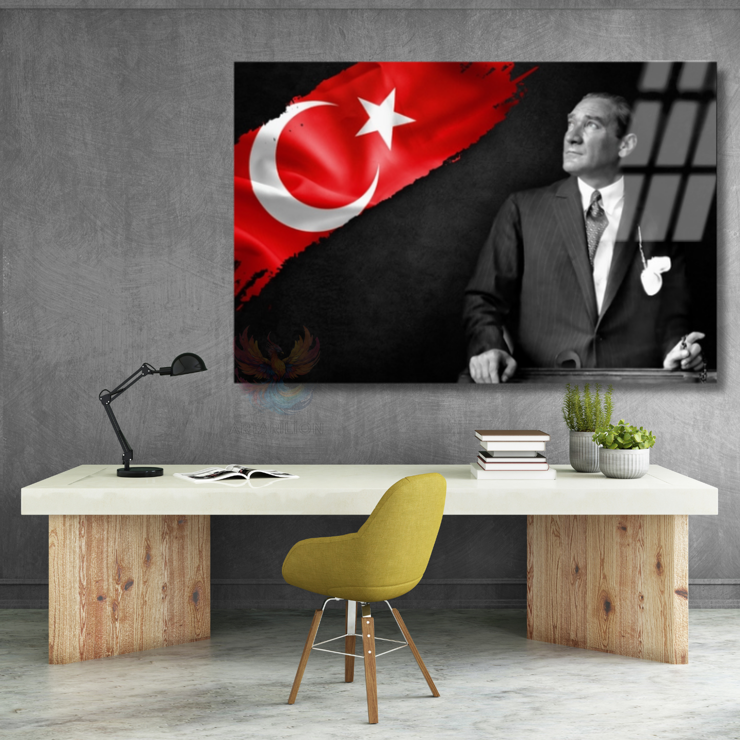 Atatürk ve Bayrak Temalı Cam Tablo Okul Ofis Tablosu Yatay Duvar Dekoru