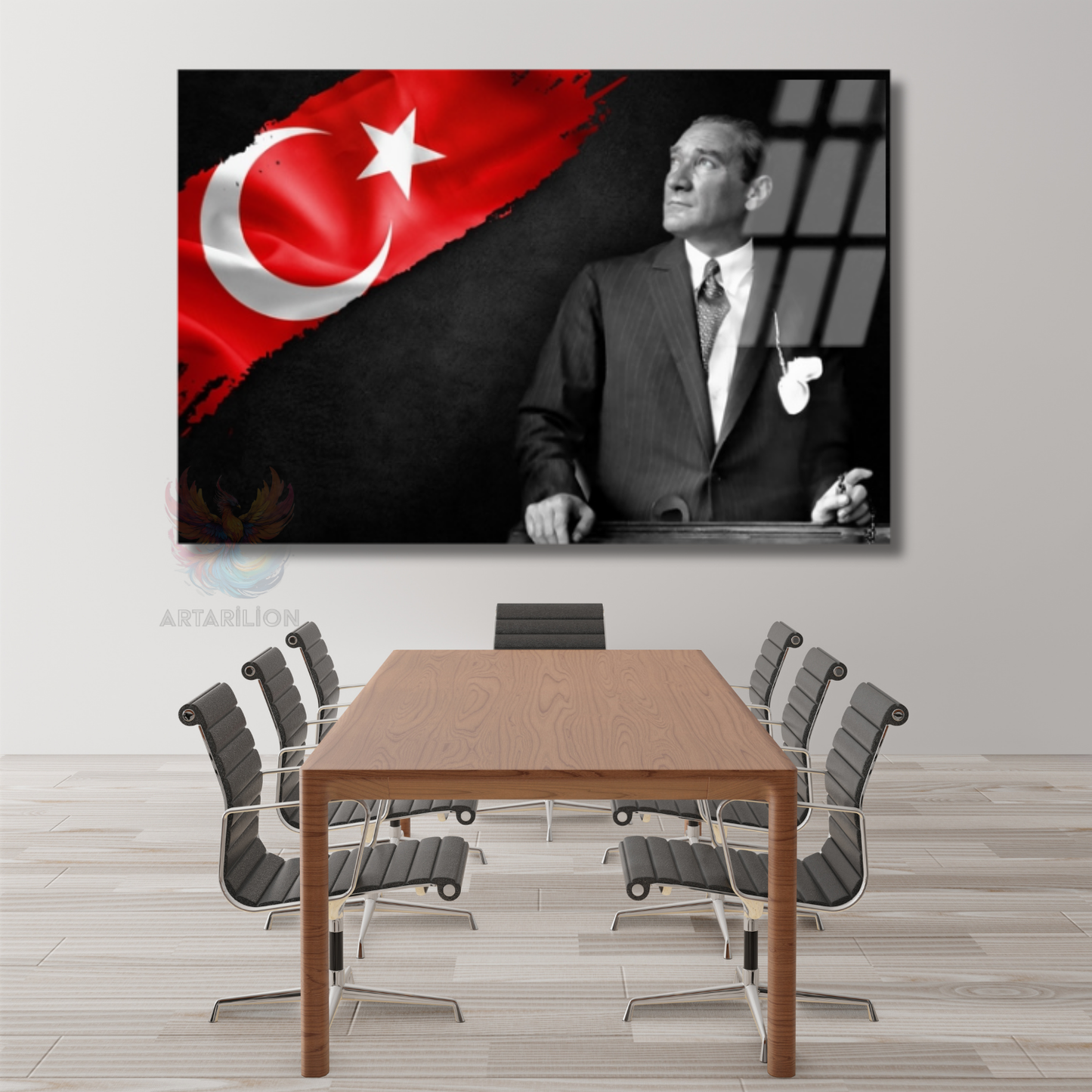 Atatürk ve Bayrak Temalı Cam Tablo Okul Ofis Tablosu Yatay Duvar Dekoru