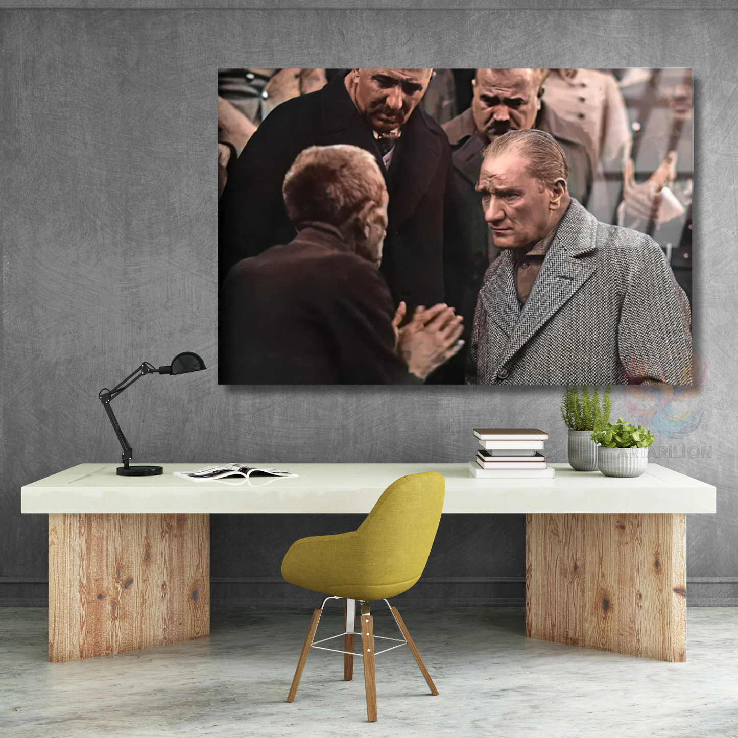 Atatürk ve Halk Temalı Renkli Cam Tablo Modeli Yatay Duvar Tablosu