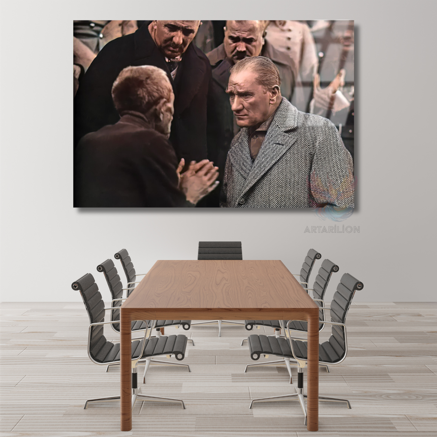 Atatürk ve Halk Temalı Renkli Cam Tablo Modeli Yatay Duvar Tablosu