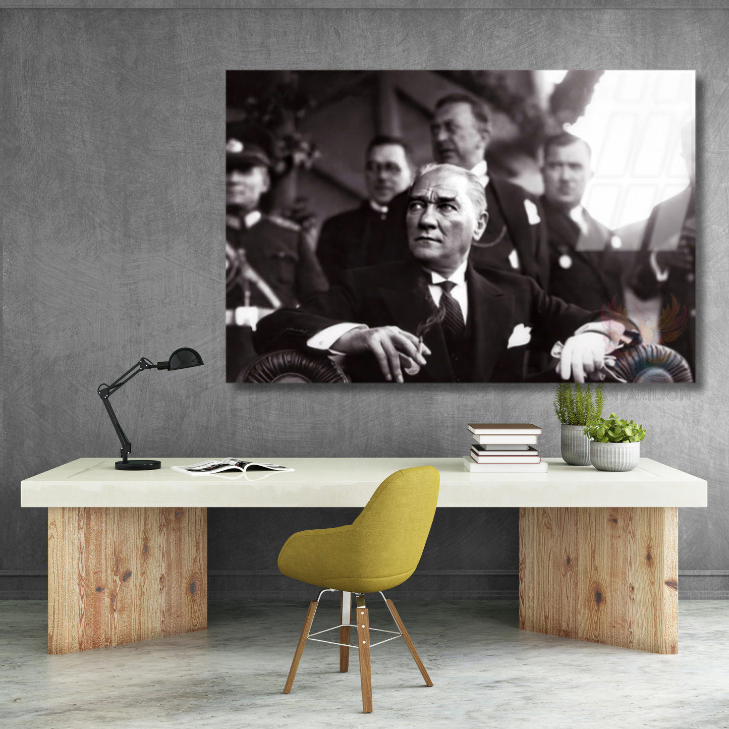 Siyah Beyaz Yatay Atatürk Tablosu Cam Tablo Modeli Ev Ofis Tablosu