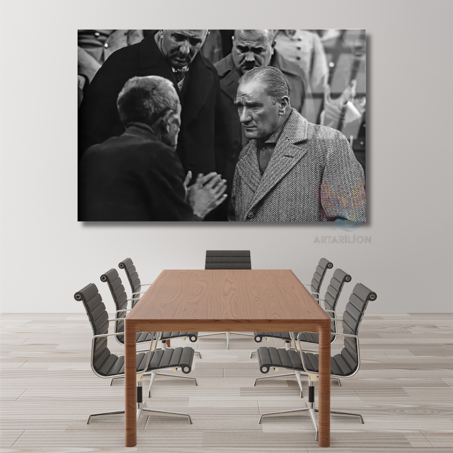 Atatürk ve Halk Temalı Siyah Beyaz Cam Tablo Modeli Yatay Duvar Tablosu