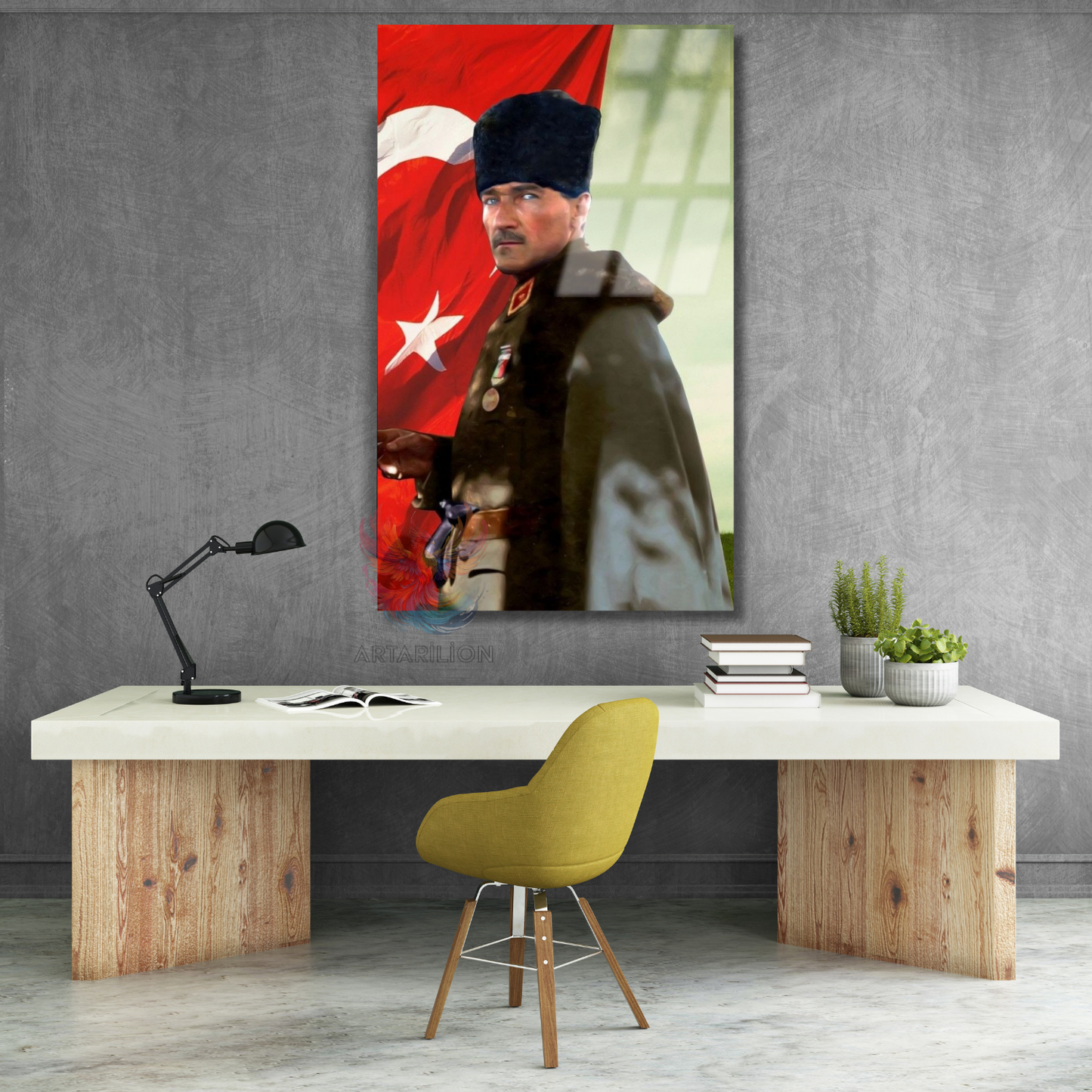 Atatürk ve Türk Bayrağı Renkli Görsel Cam Duvar Tablosu Dikey Duvar Tablosu