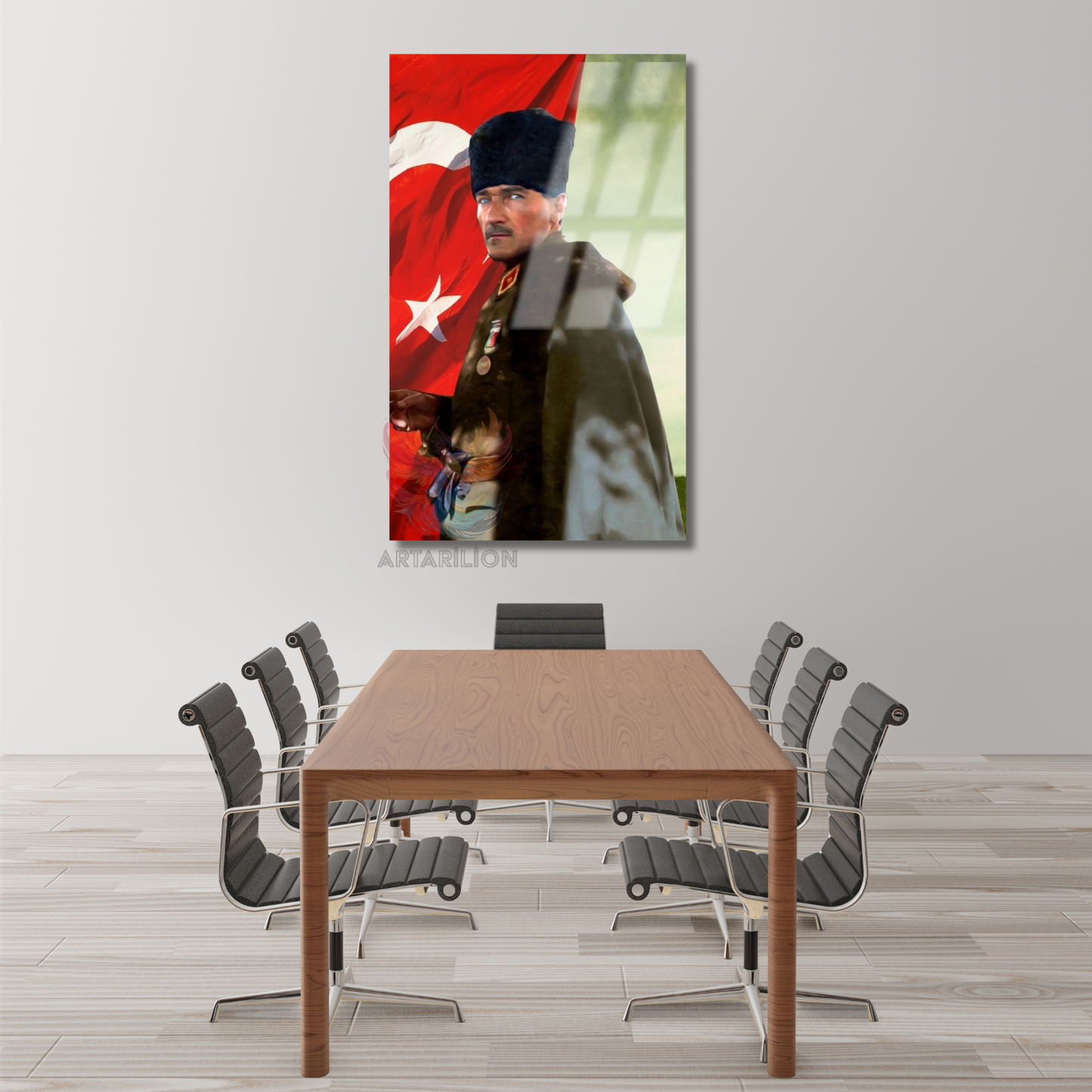 Atatürk ve Türk Bayrağı Renkli Görsel Cam Duvar Tablosu Dikey Duvar Tablosu