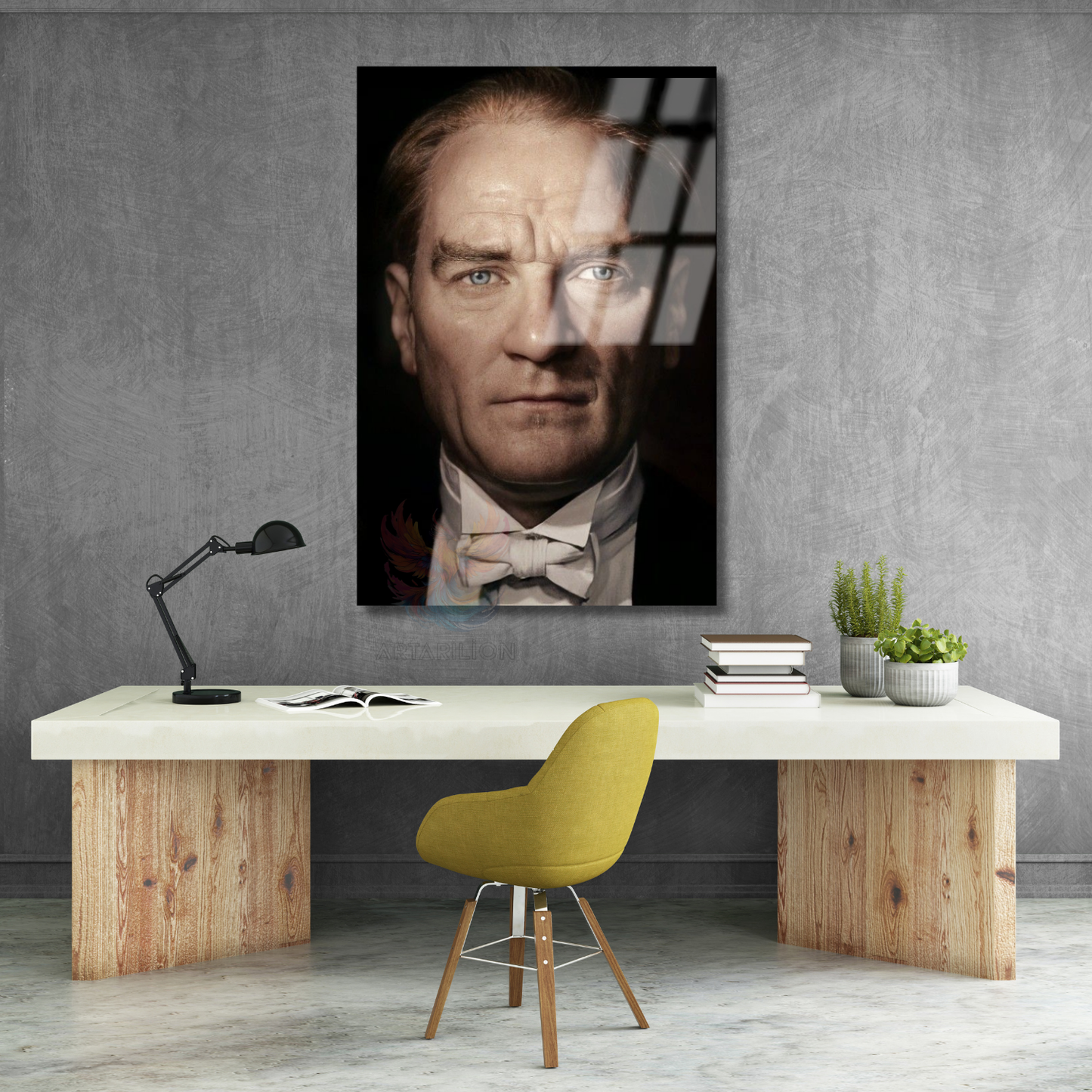 Yakın Çekim Atatürk Portresi Renkli Cam Tablo Dikey Duvar Tablosu